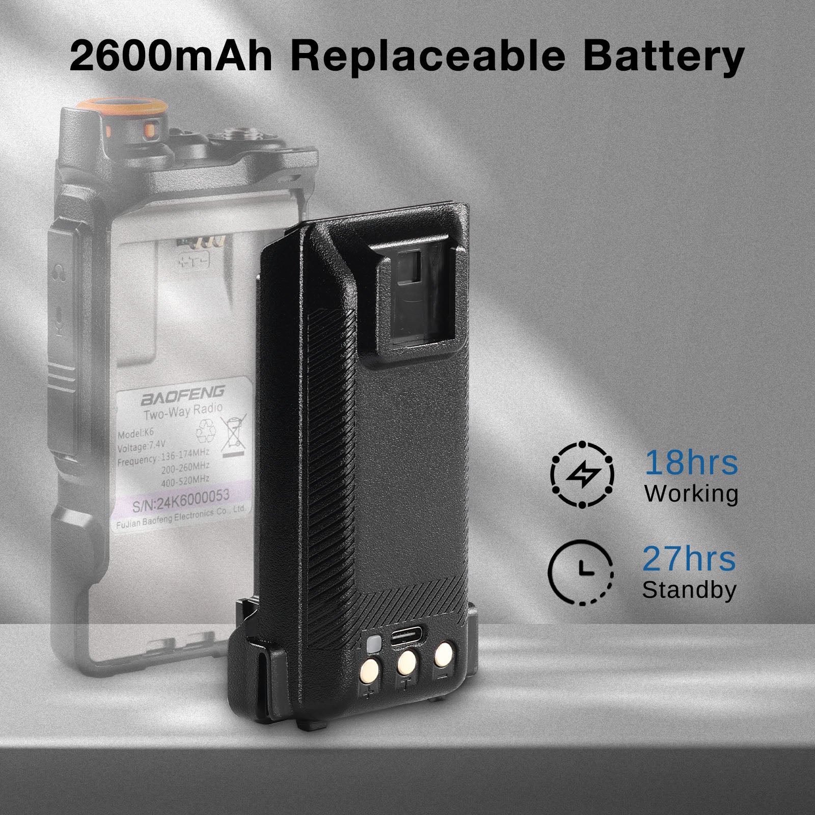 Baofeng BC-K626 | 2600 mAh Original Battery for K6 | Type-C Charging | 7.4V - Image 6