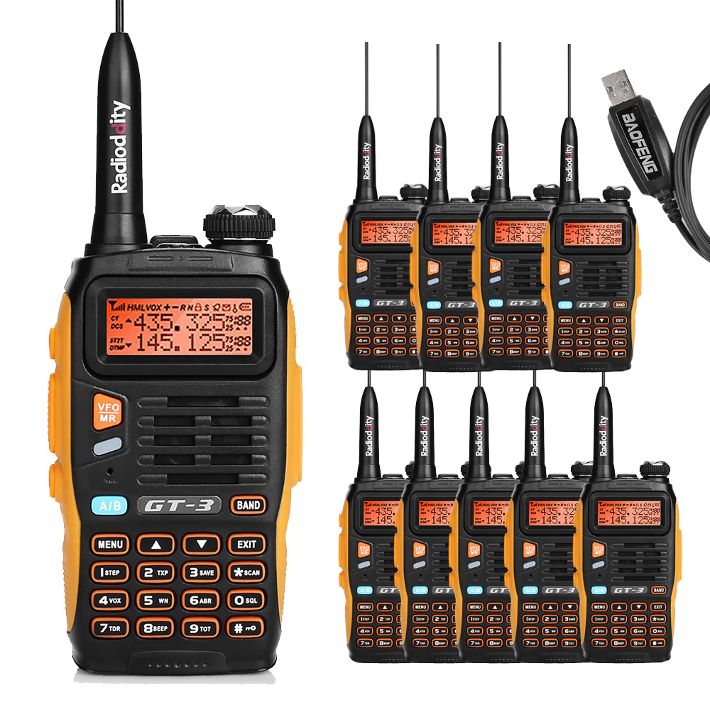 Baofeng GT-3 Mark II [10 Pack + Cable] | Dual Band | 5W | Better Antenna | Flashlight