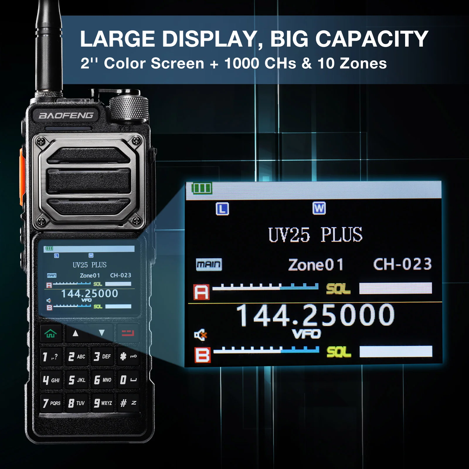 Baofeng UV-25 Plus | Tri-Band | 10W | GPS | Multi-Band Receiver | 5200mAh Battery USB-C Port | 2" Large Color Display | 1000CH | Fall Detection Alert - Image 8