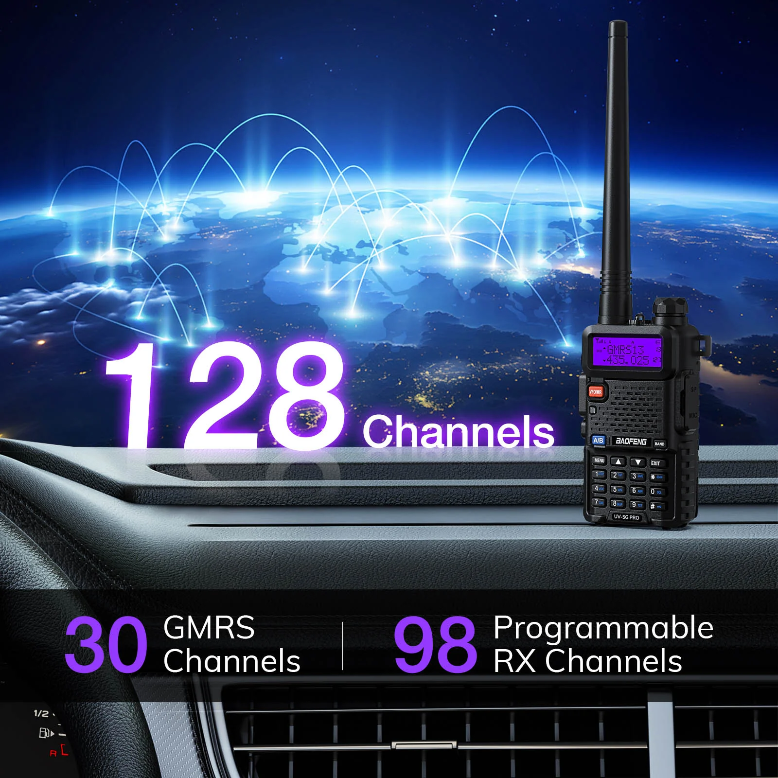 Baofeng UV-5G Pro GMRS Radio | NOAA/UHF/VHF/Airband Receiver | 5W | 128 Channels | GMRS Repeater Capable - Image 3