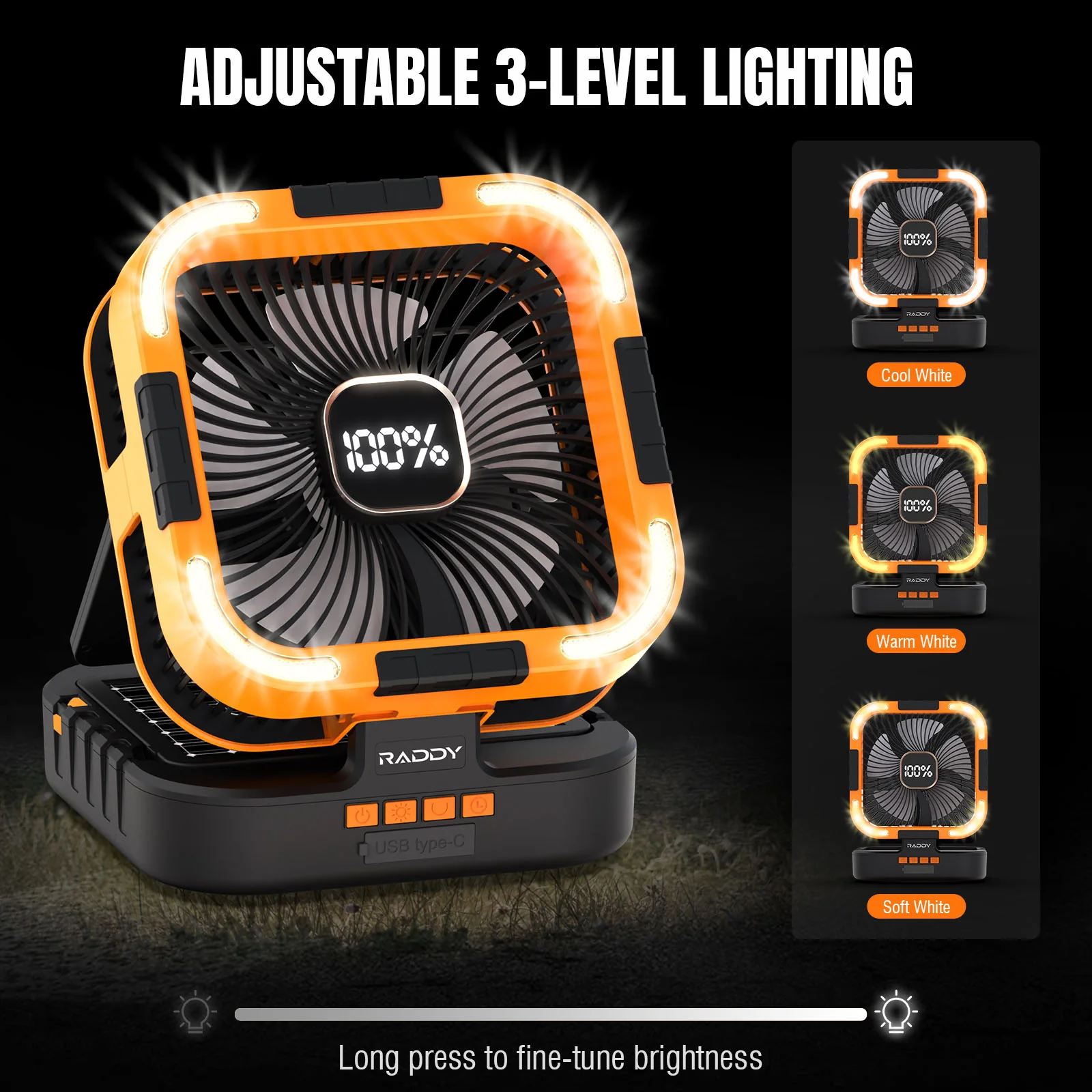 Raddy CF3 Camping Fan | 3W Solar Panel | Rechargeable 20,000mAh Battery | LED Light | 6 Speeds| 90° Oscillating | USB Charging - Image 4