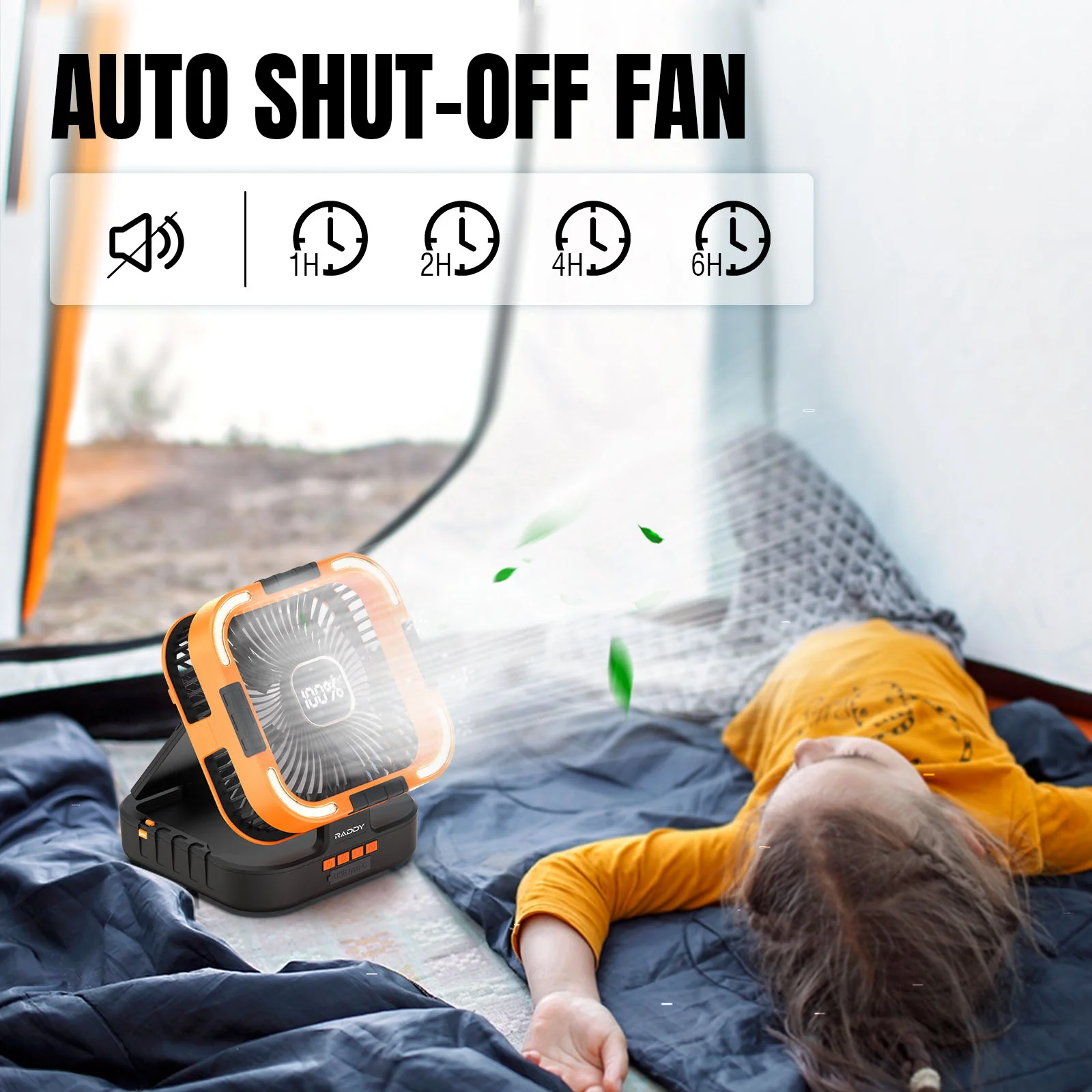 Raddy CF3 Camping Fan | 3W Solar Panel | Rechargeable 20,000mAh Battery | LED Light | 6 Speeds| 90° Oscillating | USB Charging - Image 6