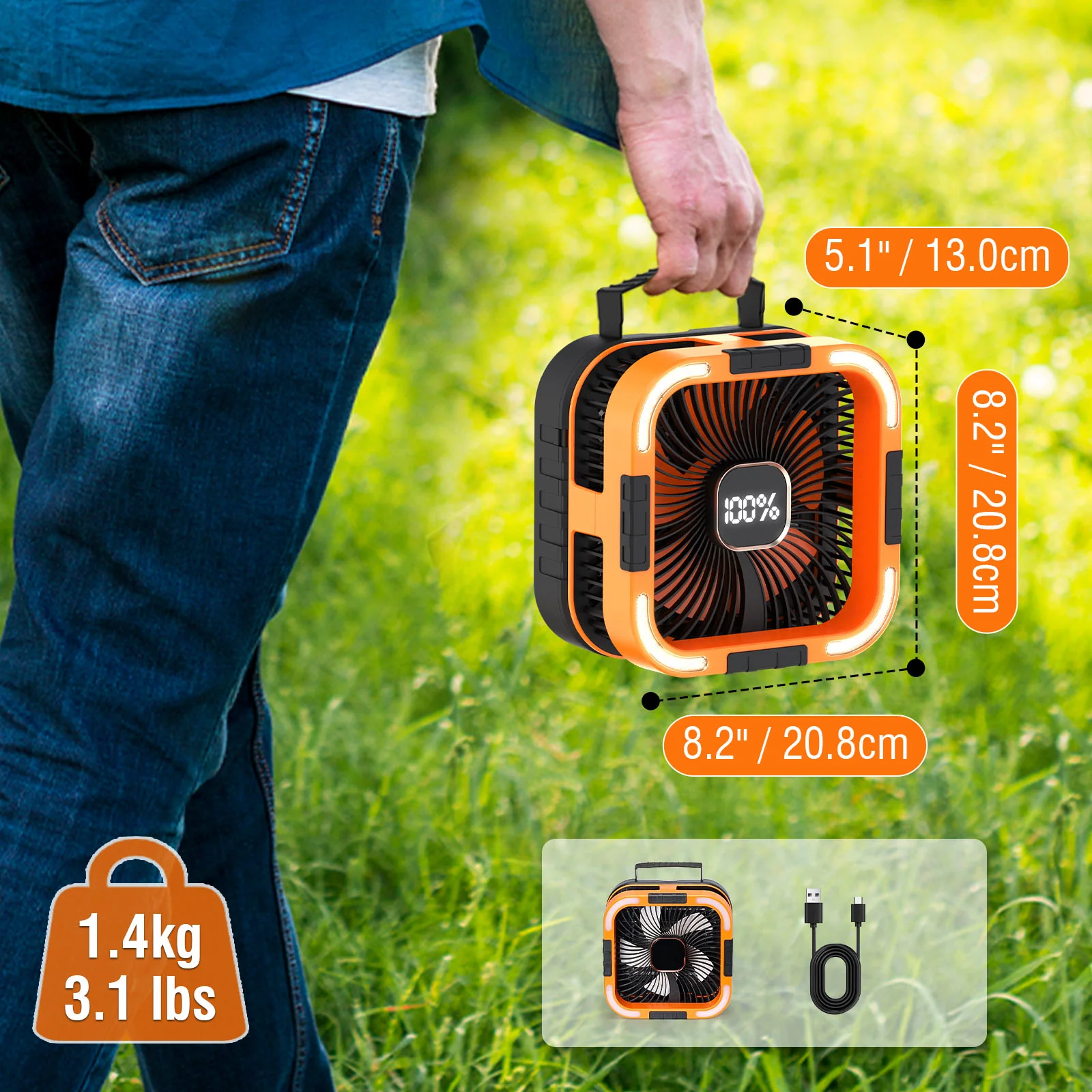 Raddy CF3 Camping Fan | 3W Solar Panel | Rechargeable 20,000mAh Battery | LED Light | 6 Speeds| 90° Oscillating | USB Charging - Image 7