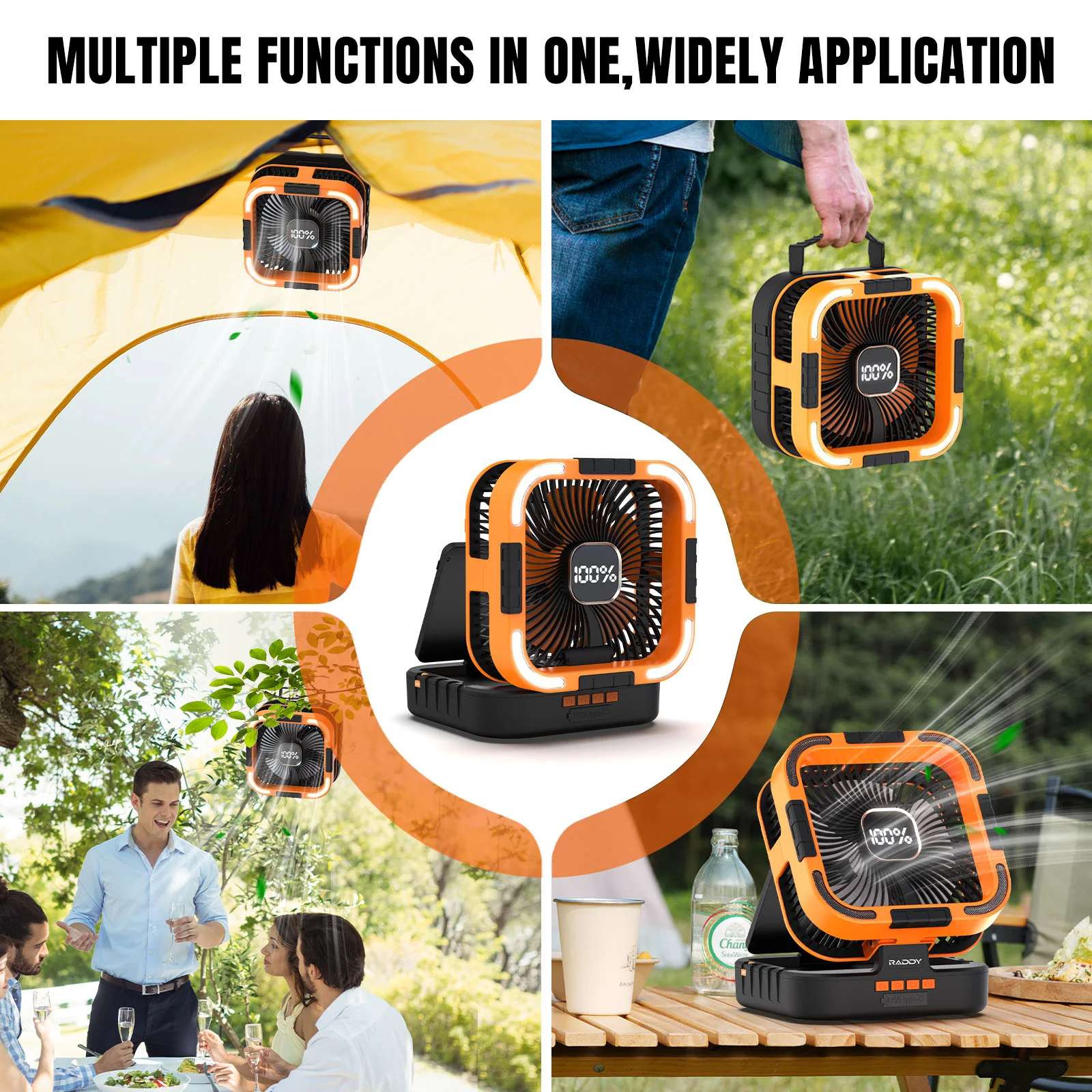 Raddy CF3 Camping Fan | 3W Solar Panel | Rechargeable 20,000mAh Battery | LED Light | 6 Speeds| 90° Oscillating | USB Charging - Image 8