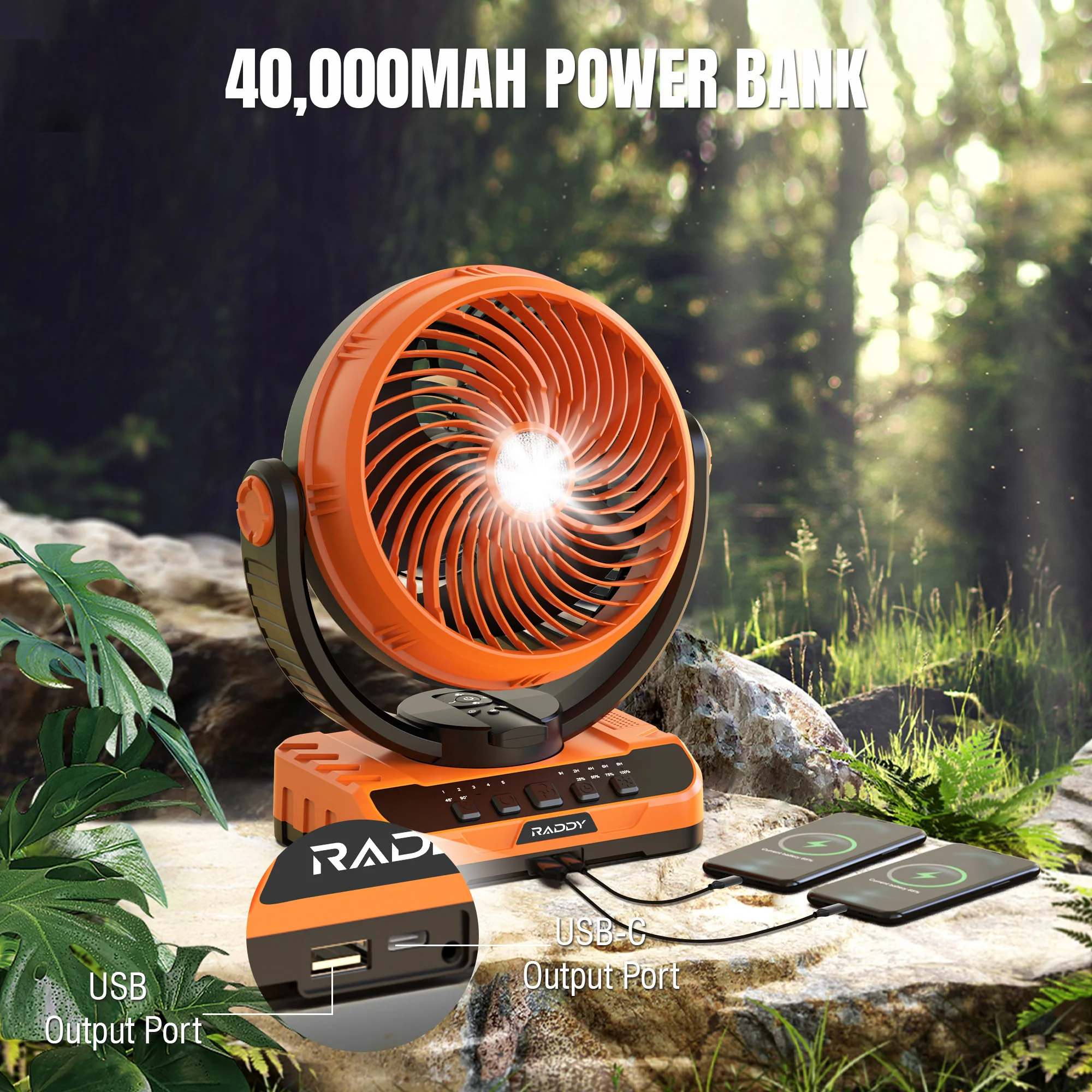 Raddy CF5 Rechargeable Camping Fan | 40,000mAh Battery | LED Light & Remote | 5 Speeds | Auto Oscillation | USB-C Charging| 3 Light Modes - Image 2