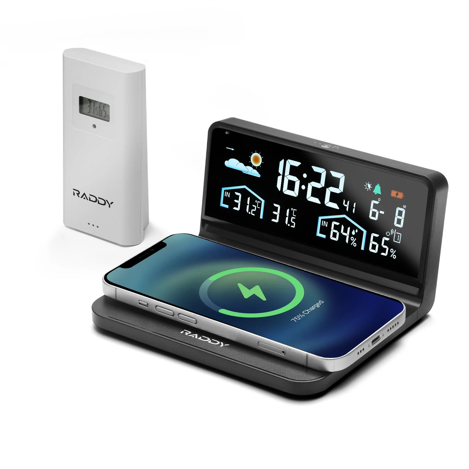 Raddy DT5-W Weather Station | 15W QI Wireless Charging | Wireless Thermometer | Color Display | Alarm & Snooze | Weather Forecast | Adjustable Backlight