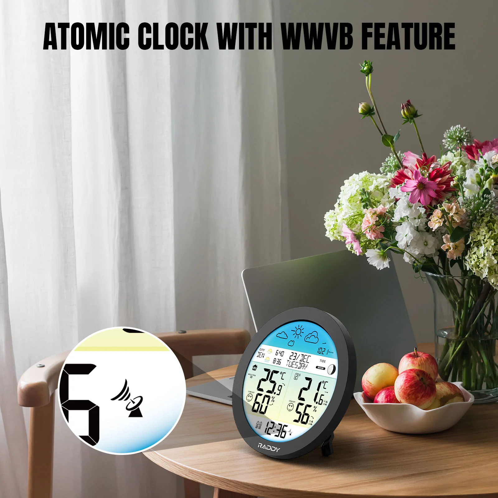 Raddy DT7 Weather Station | Large HTN Color Display | Atomic Clock | Sunset/Sunrise Time | Weather Forecast | Alerts - Image 4