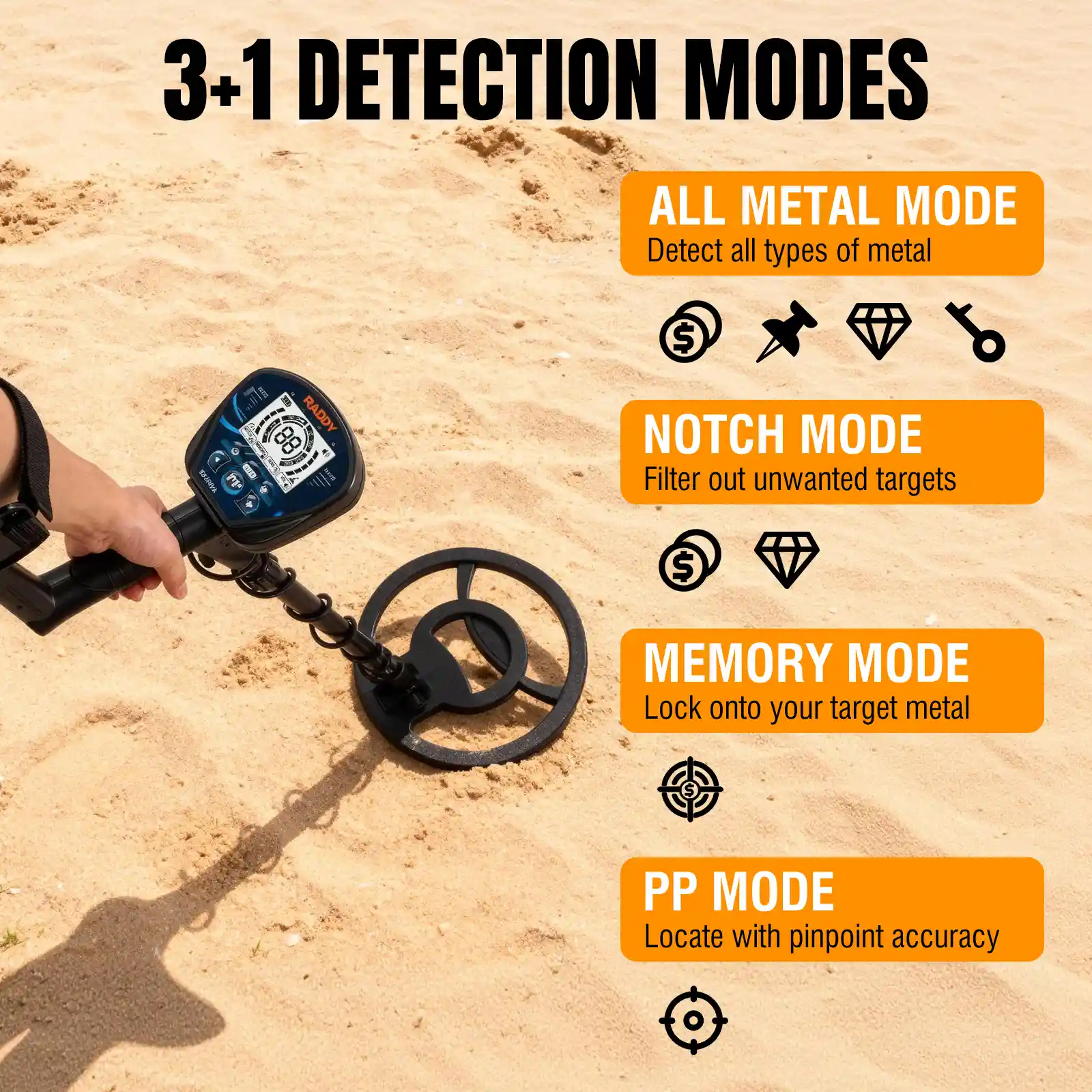 Raddy MD120A Professional Adult Metal Detector | 10" IPX7 Waterproof Search Coil | LCD Backlit Display | High Accuracy Gold Metal Detectors with 4 Modes - Image 5