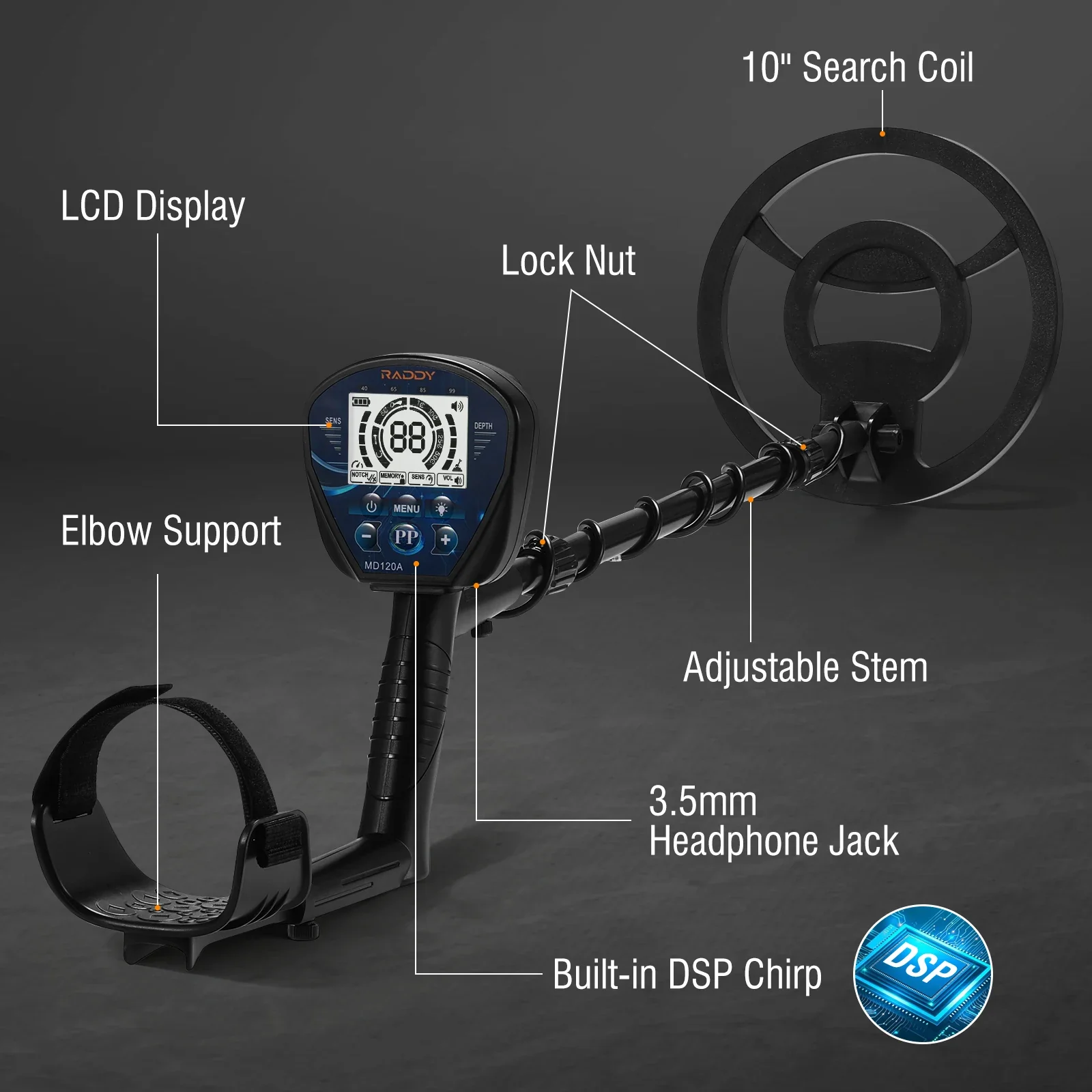 Raddy MD120A Professional Adult Metal Detector | 10" IPX7 Waterproof Search Coil | LCD Backlit Display | High Accuracy Gold Metal Detectors with 4 Modes - Image 6