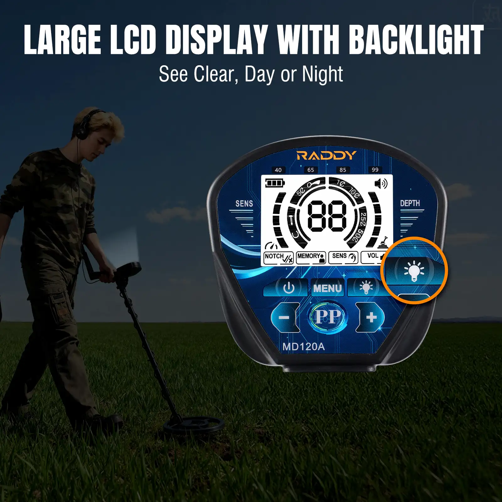 Raddy MD120A Professional Adult Metal Detector | 10" IPX7 Waterproof Search Coil | LCD Backlit Display | High Accuracy Gold Metal Detectors with 4 Modes - Image 9