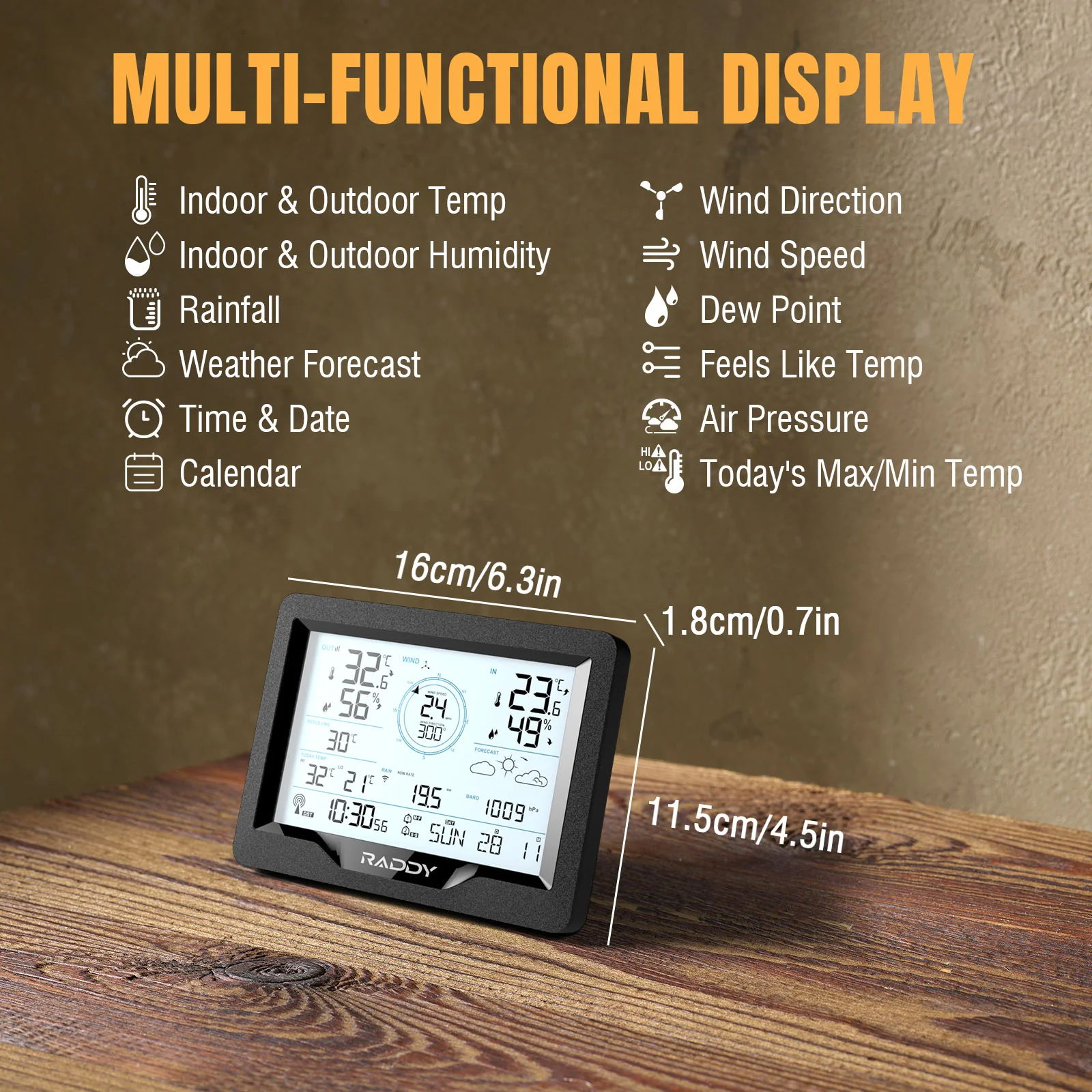 Raddy MN6 Lite Weather Station | 5-in-1 Wireless Indoor Outdoor Thermometer | Barometric Pressure | DCF Atomic Clock | Weather Forecast - Image 2