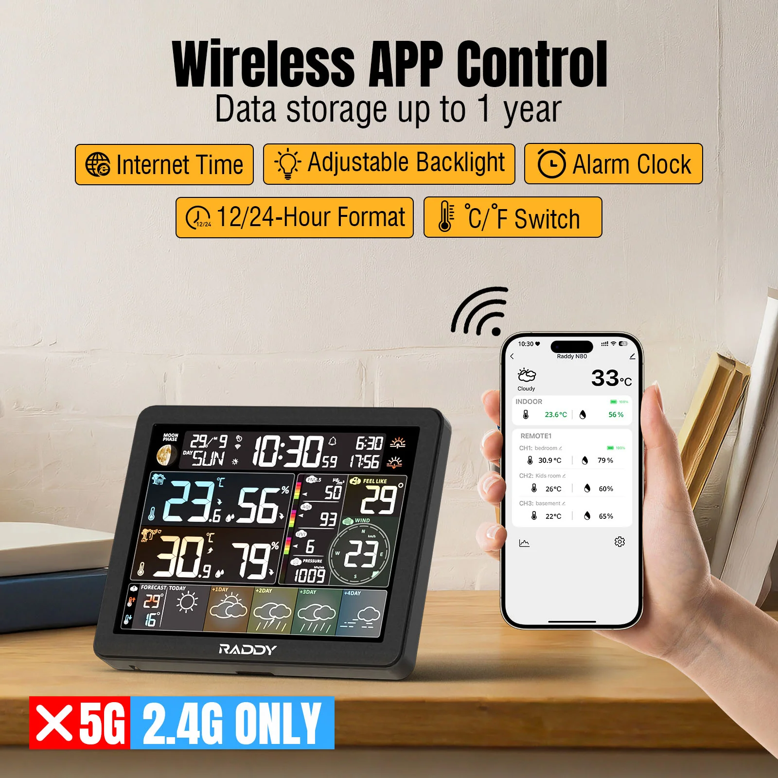 Raddy N80 Smart Wi-Fi Weather Station | APP Control | 8”Large Display | Sunset/Sunrise Time | PM2.5/AQI/UV Index | Customized Alarm Clocks - Image 2