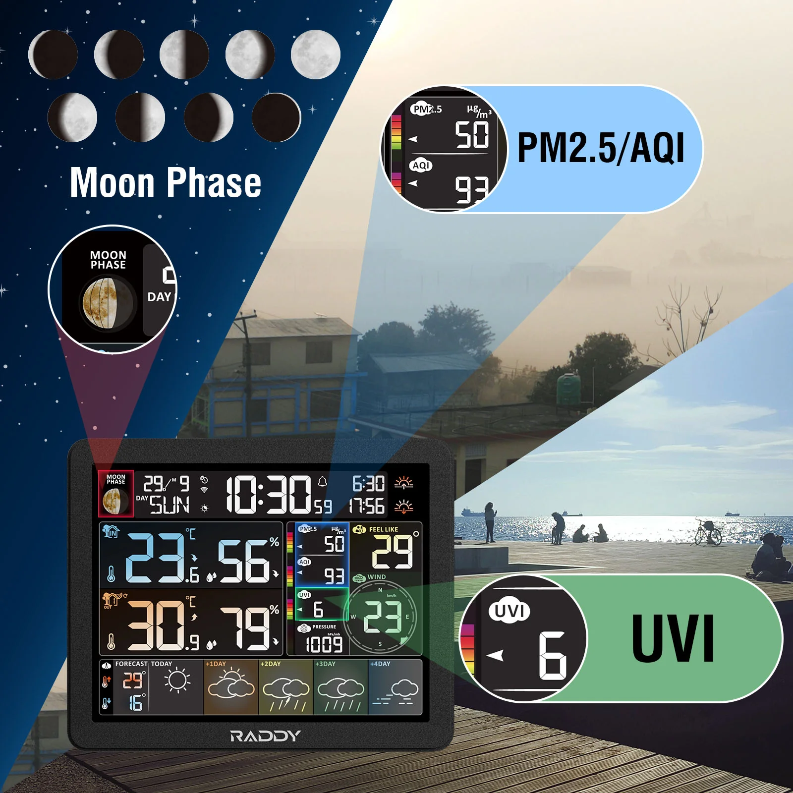 Raddy N80 Smart Wi-Fi Weather Station | APP Control | 8”Large Display | Sunset/Sunrise Time | PM2.5/AQI/UV Index | Customized Alarm Clocks - Image 7