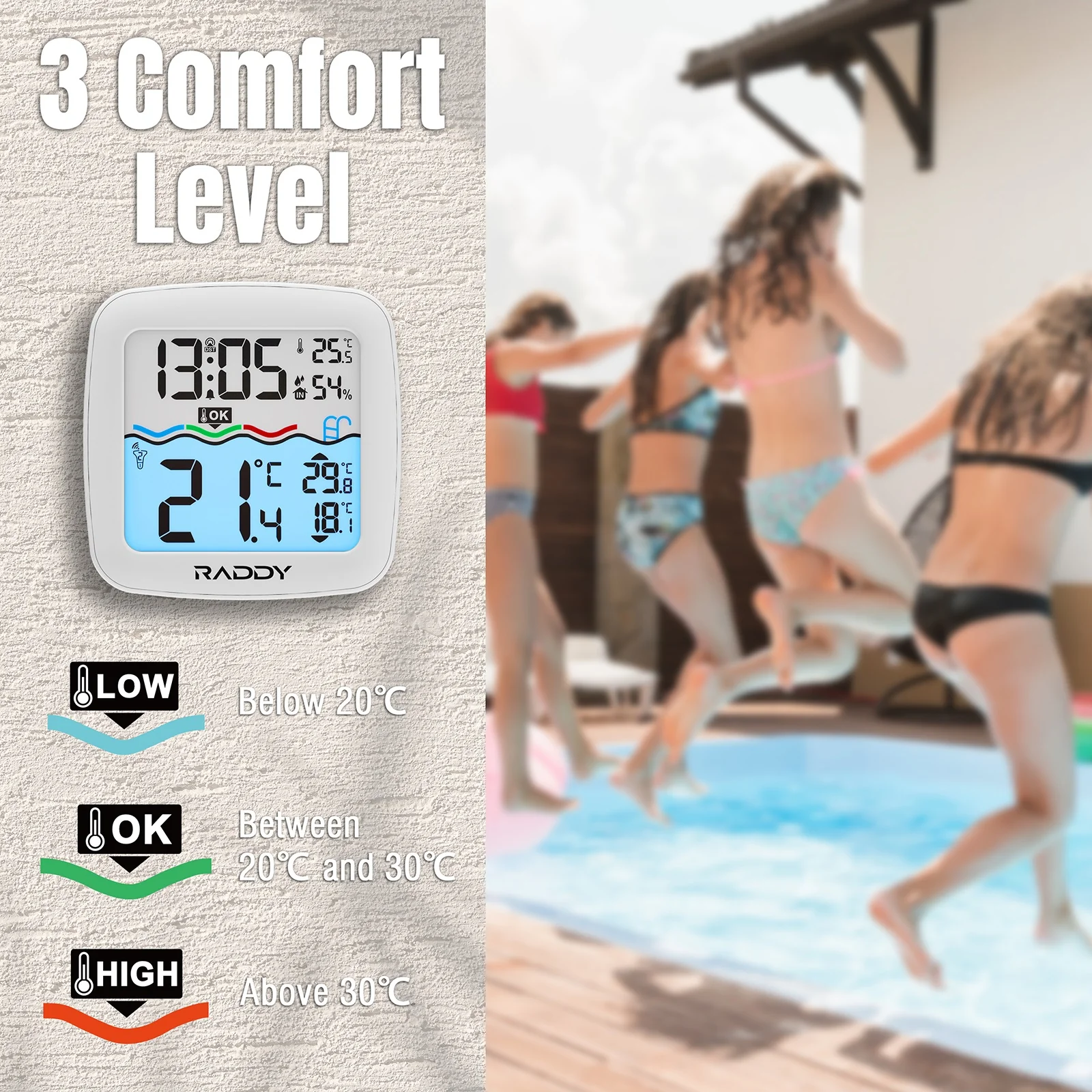 Raddy PT-2 Wireless Pool Thermometer | IPX7 | Alarm Clock | Water Comfort Level | for Pool Hot Tub Bathtub - Image 6