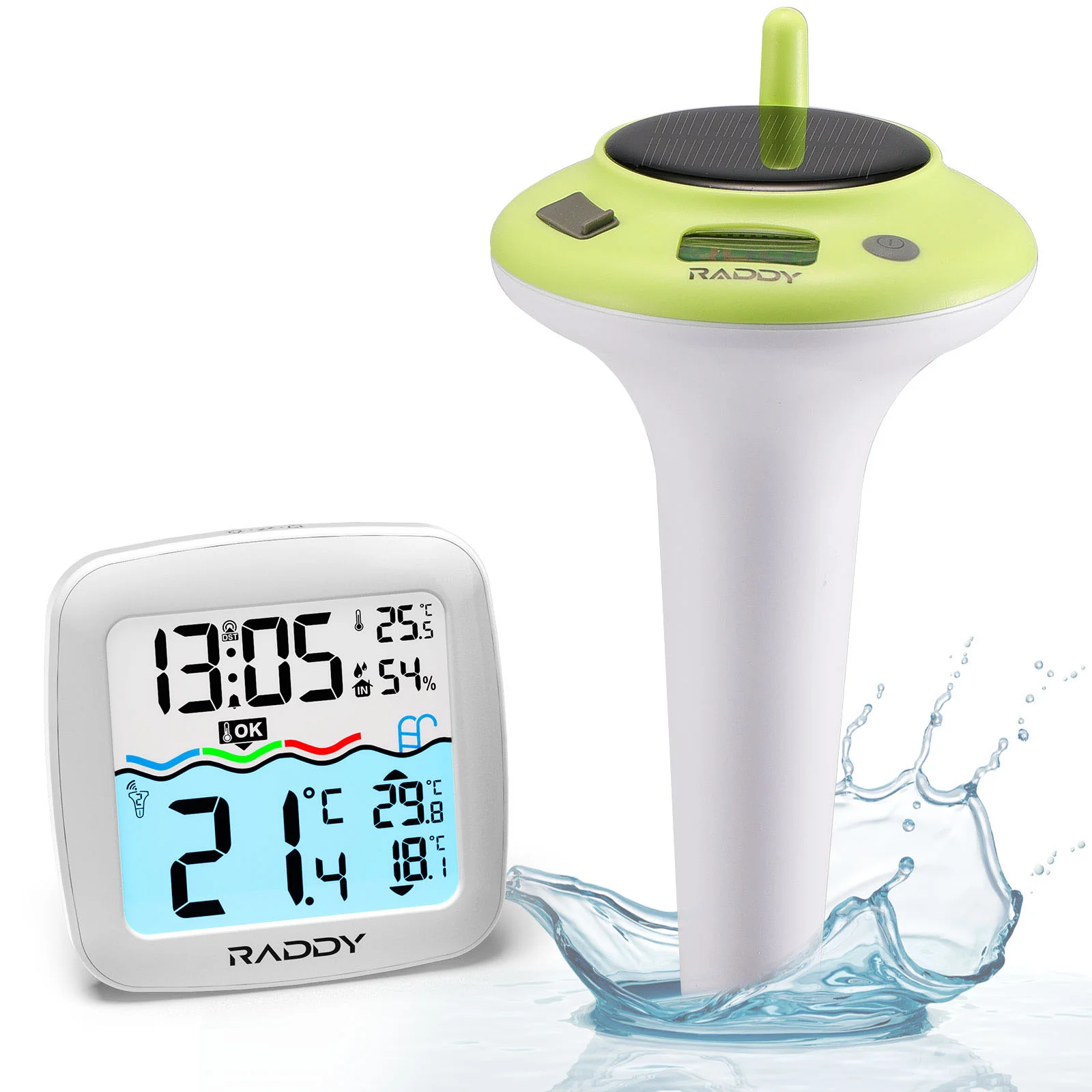 Raddy PT-5/PT-5 TN Solar Pool Thermometer | IPX8 | Solar & Battery Powered | Alarm Clock | Temperature Humidity Monitor