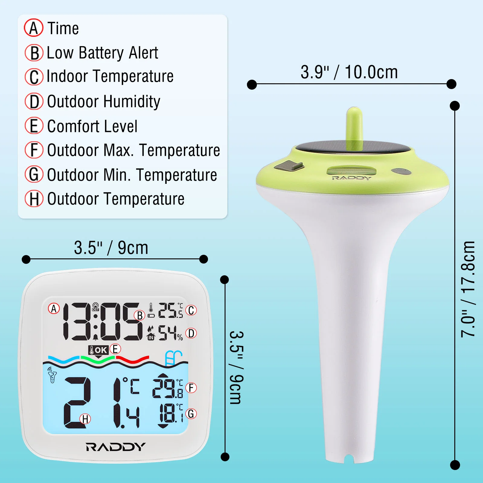 Raddy PT-5/PT-5 TN Solar Pool Thermometer | IPX8 | Solar & Battery Powered | Alarm Clock | Temperature Humidity Monitor - Image 4