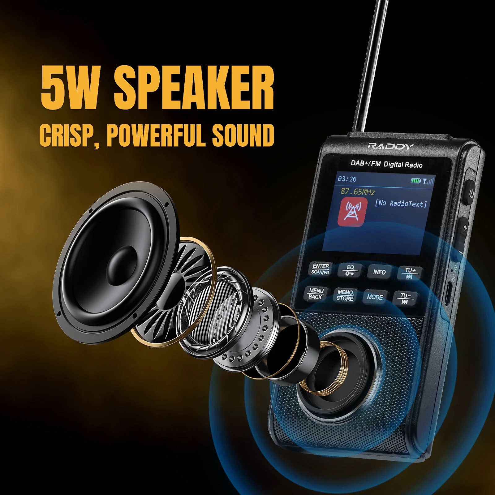 Raddy RD939 Portable DAB/DAB+ FM Radio | BT 5.3 | 5W Speaker | 2'' Large Screen | USB-C | 1200mAh battery |  Alarm Clock | TF/USB Playback | Headphone Jack - Image 4