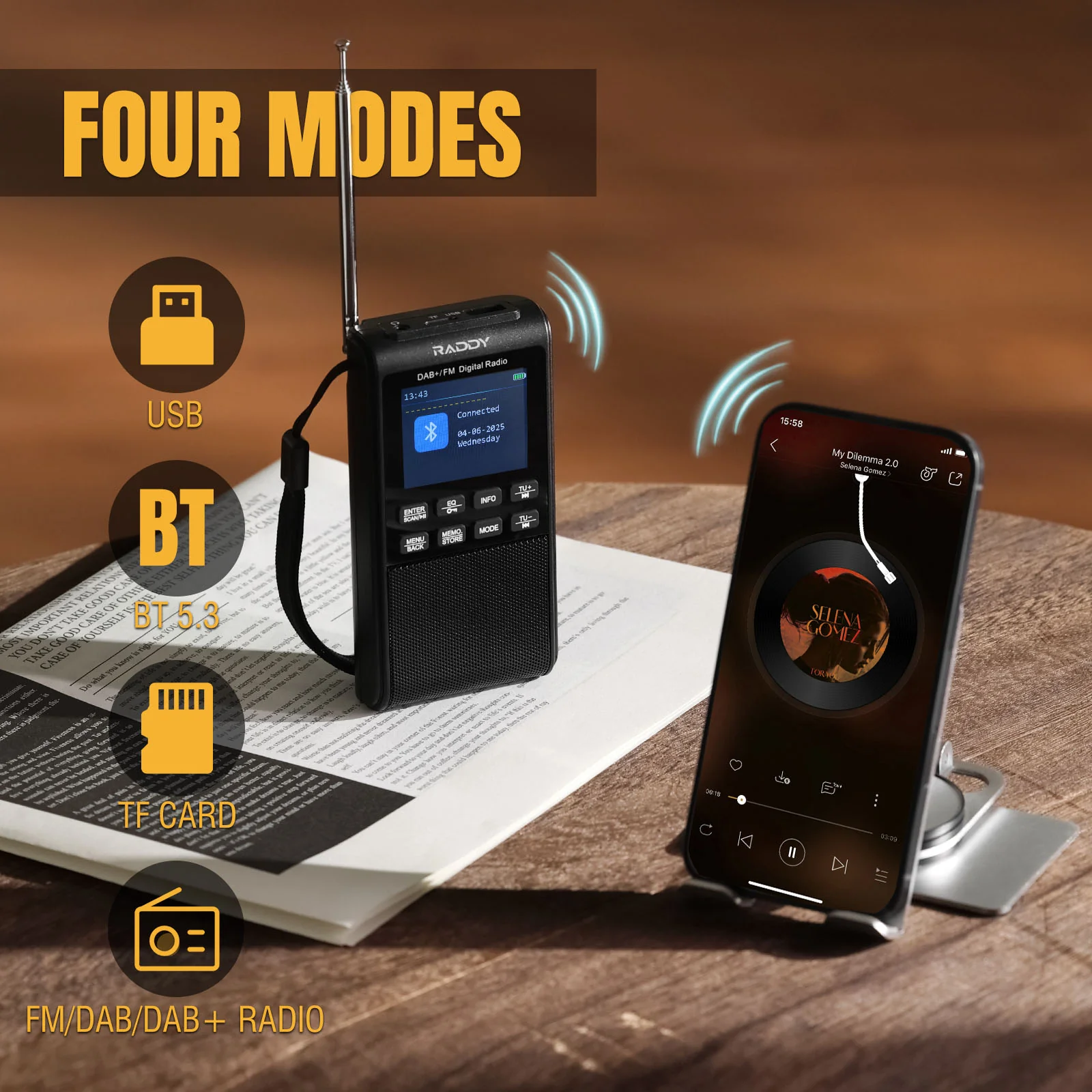 Raddy RD939 Portable DAB/DAB+ FM Radio | BT 5.3 | 5W Speaker | 2'' Large Screen | USB-C | 1200mAh battery |  Alarm Clock | TF/USB Playback | Headphone Jack - Image 5