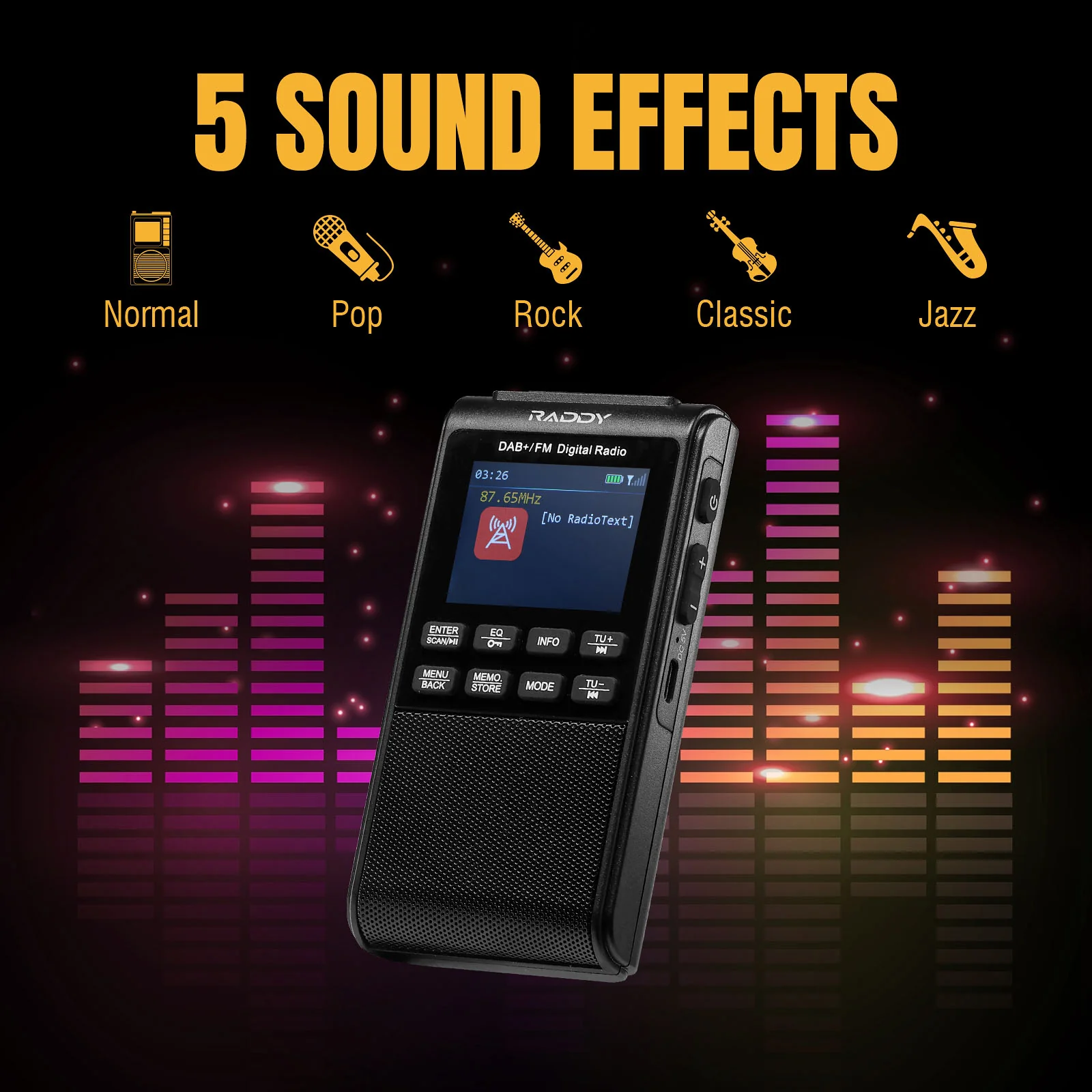 Raddy RD939 Portable DAB/DAB+ FM Radio | BT 5.3 | 5W Speaker | 2'' Large Screen | USB-C | 1200mAh battery |  Alarm Clock | TF/USB Playback | Headphone Jack - Image 9