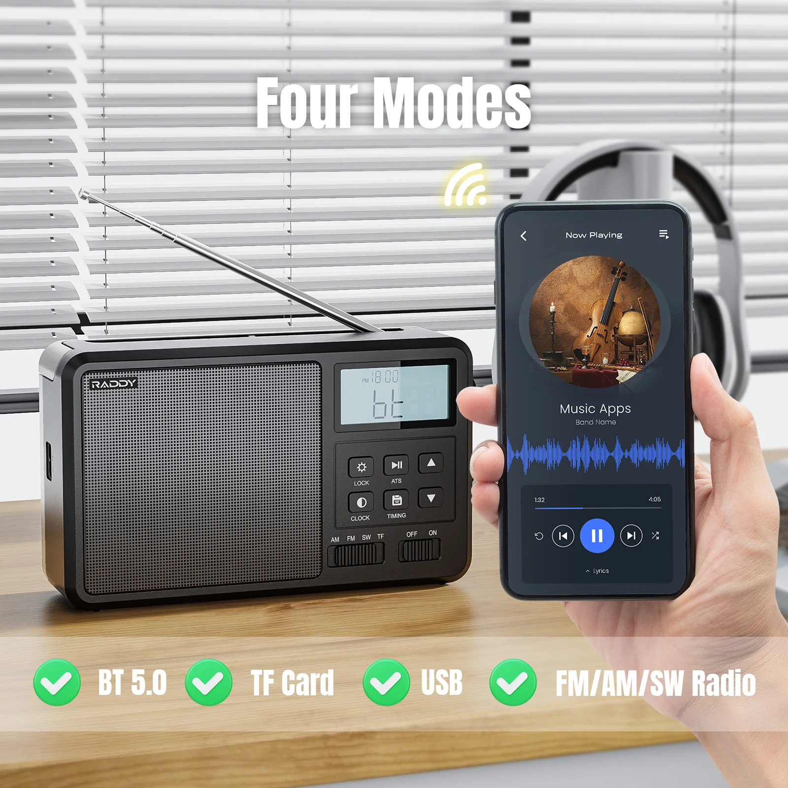 Raddy RF206 Shortwave Radio | FM/AM/SW | 8W Speaker | LCD Display | Bluetooth 5.0 | TF Card/USB Play - Image 7