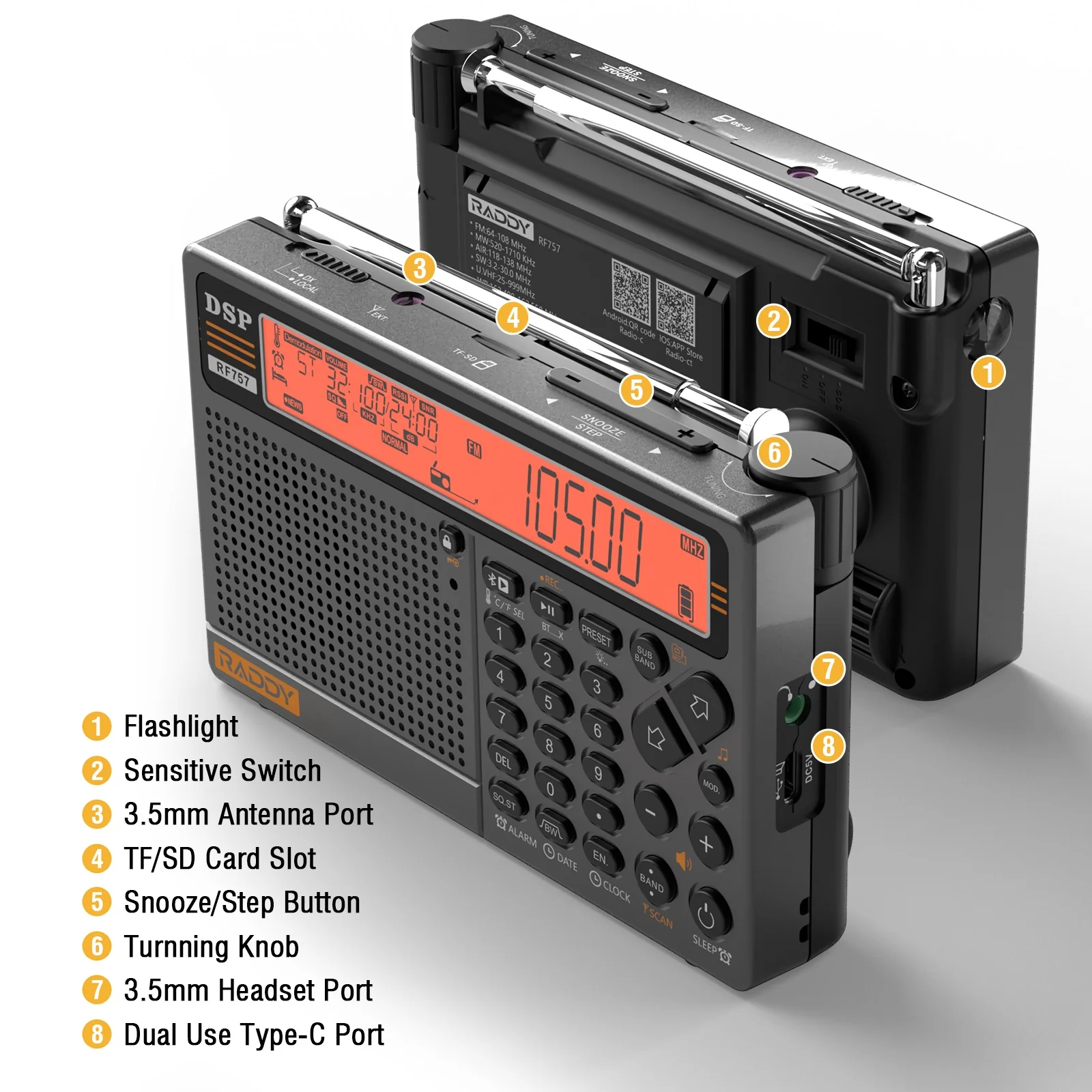 Raddy RF757 Shortwave Radio | APP Control | AM/FM/SW/VHF/UHF/CB/AIR/NOAA | 1000 Presets | Bluetooth 5.0 | 2500mAh Battery - Image 11