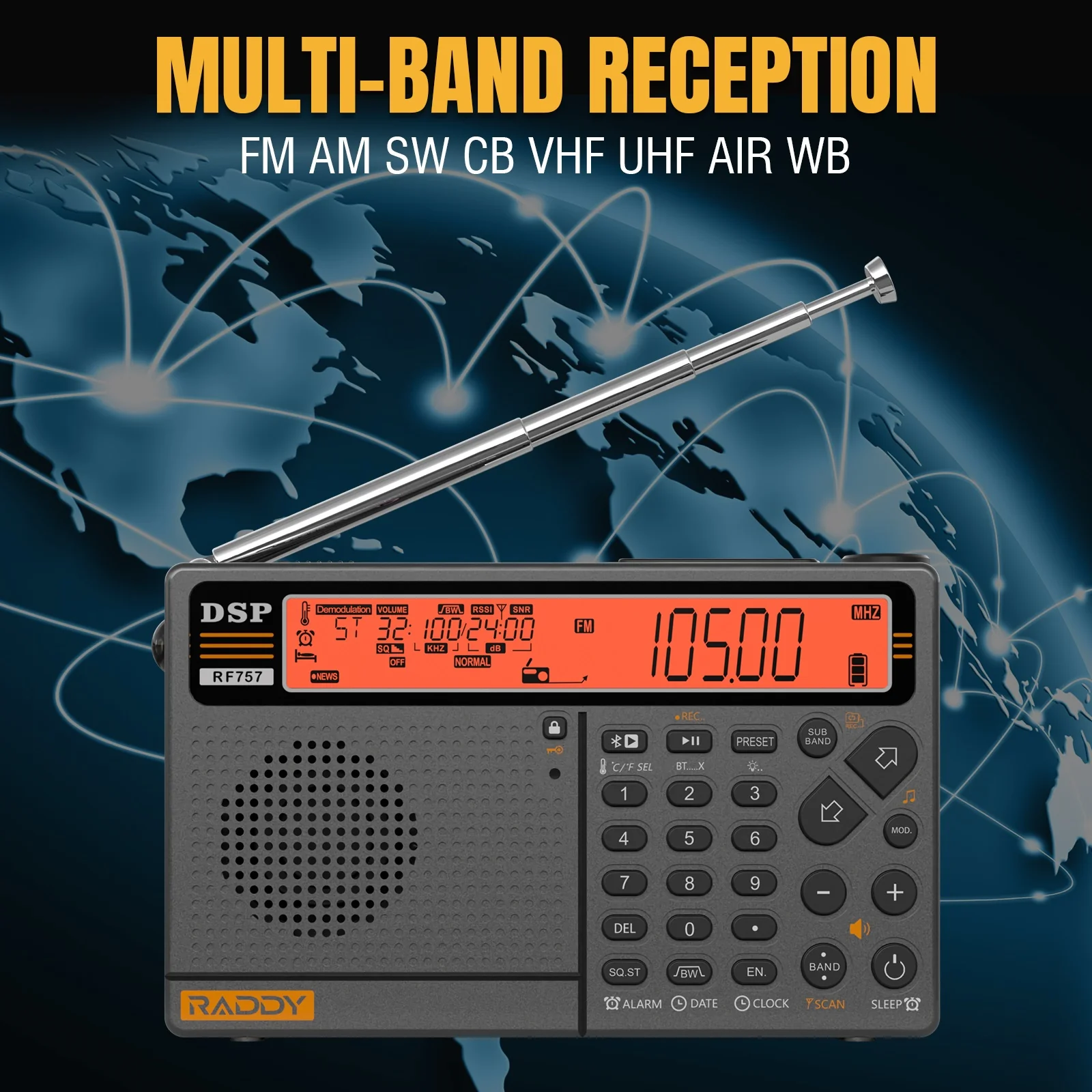 Raddy RF757 Shortwave Radio | APP Control | AM/FM/SW/VHF/UHF/CB/AIR/NOAA | 1000 Presets | Bluetooth 5.0 | 2500mAh Battery - Image 4