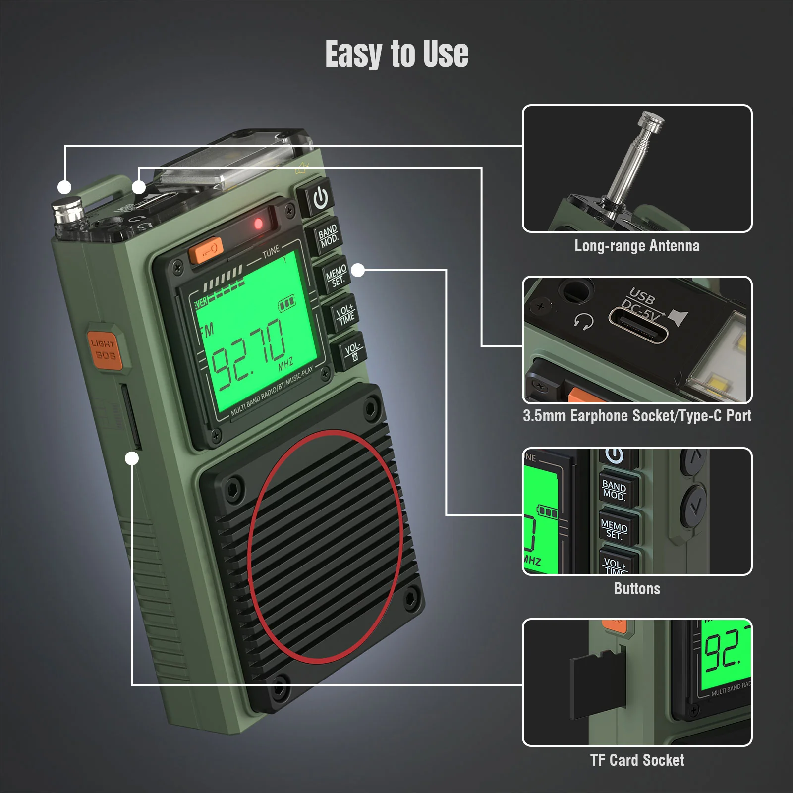 Raddy RF75A Shortwave Radio | Bluetooth 5.0 APP Control | FM AM VHF SW WB | Type-C Charging | SOS Flashlight - Image 4