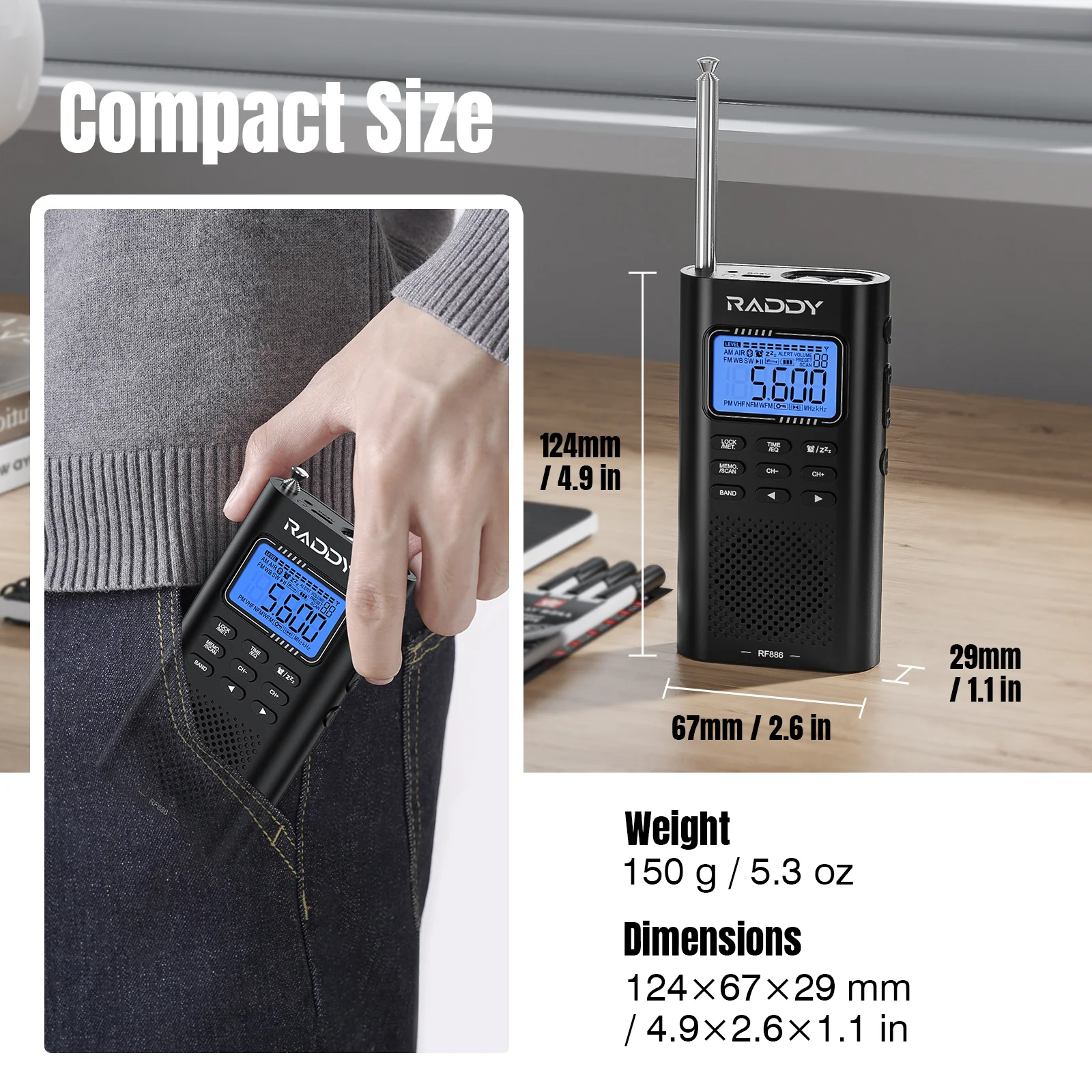 Raddy RF886 Shortwave Radio | AM/FM/SW/VHF/WB | Bluetooth Connection | Rechargeable Pocket Radio | NOAA - Image 8