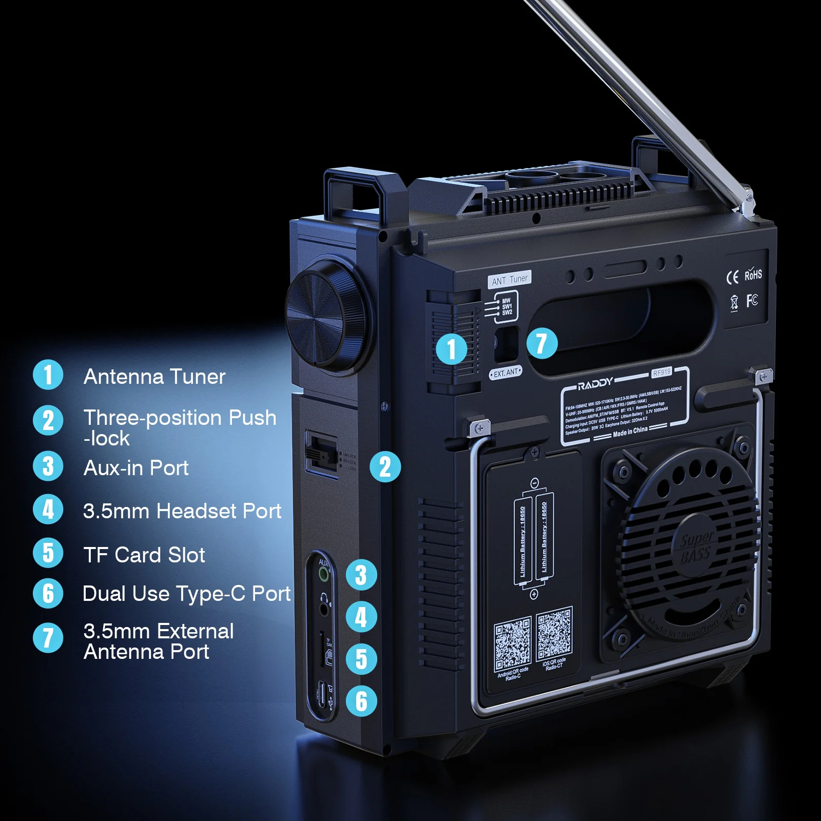 Raddy RF919 Shortwave Radio | Full Band Receiver with SSB | 20W Bluetooth 5.1 | APP Remote Control | Antenna Tuner | 5000mAh Battery | Dual Screens - Image 10