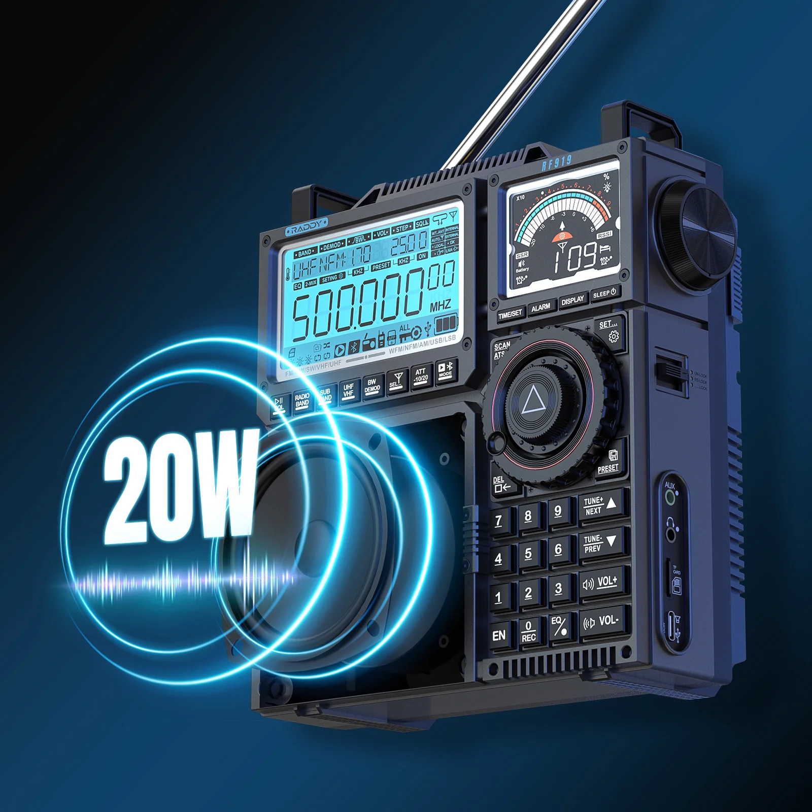 Raddy RF919 Shortwave Radio | Full Band Receiver with SSB | 20W Bluetooth 5.1 | APP Remote Control | Antenna Tuner | 5000mAh Battery | Dual Screens - Image 6