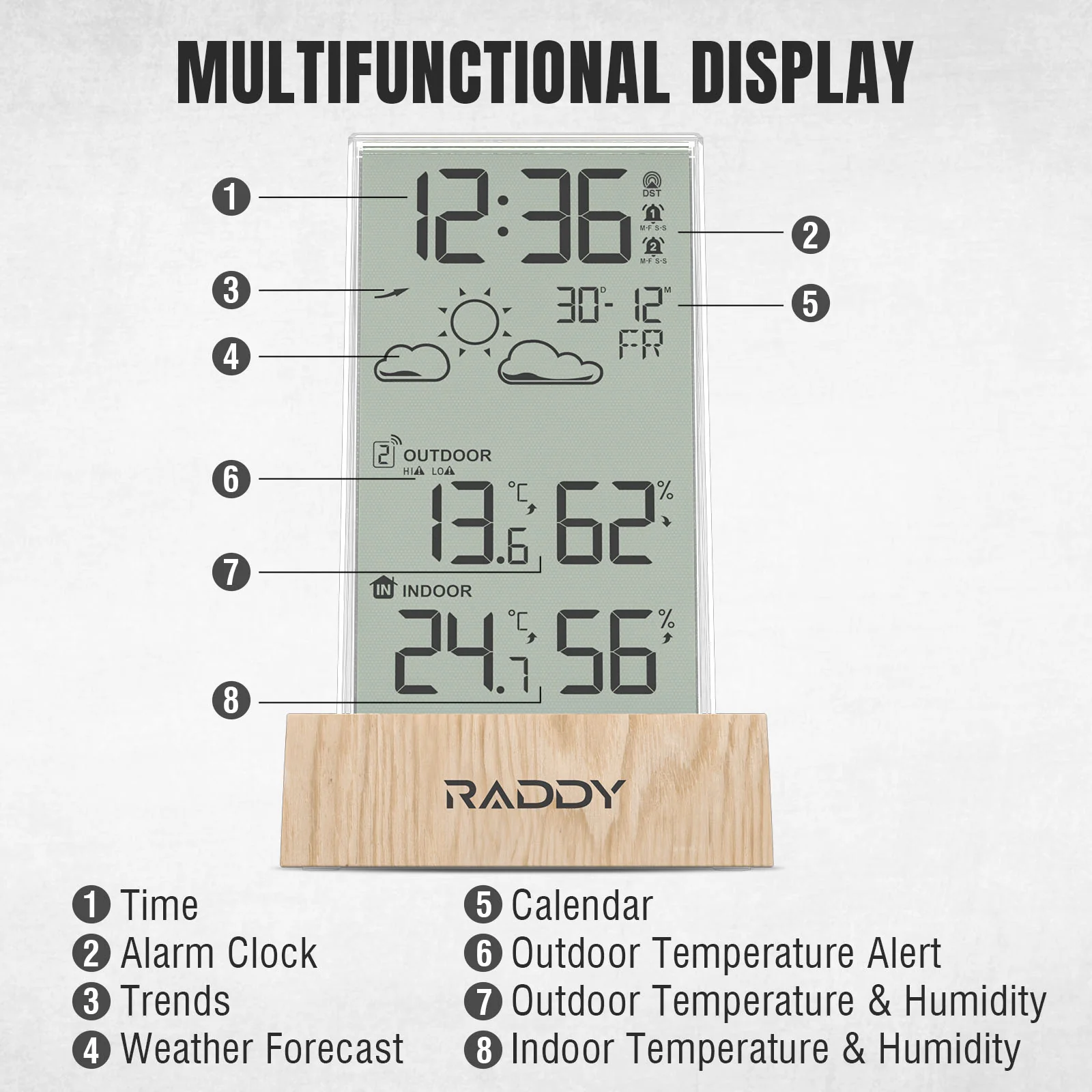 Raddy V5 Weather Station | 5.0’’ LCD Display | Weather Forecast | Battery Powered | Temperature & Humidity - Image 6