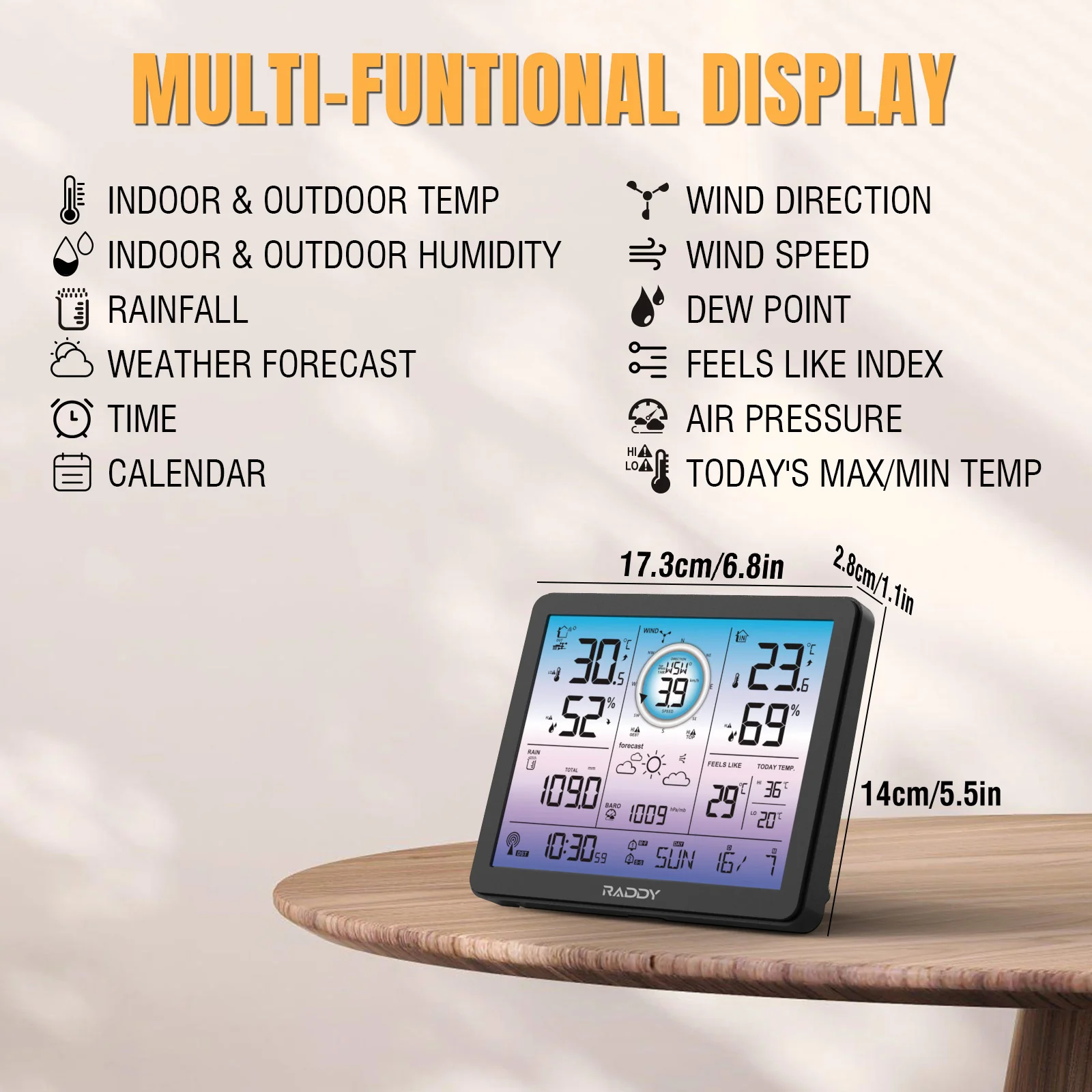 Raddy VP7/AG7 Weather Station | Wireless Thermometer | Color Screen | Atomic Weather Clock | Temperature Humidity Monitor - Image 5