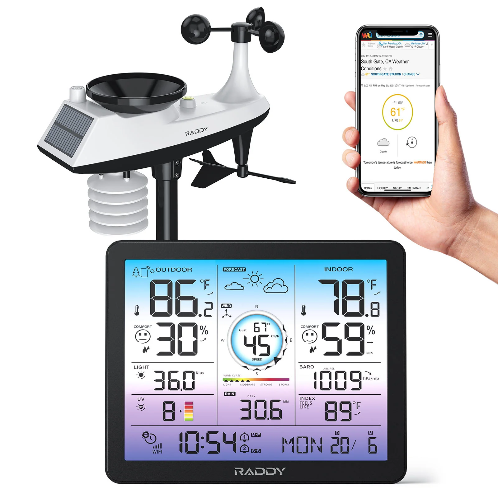 Raddy VP7 Wi-Fi Weather Station | 15-in-1 Display | 7.4'' Digital Color Display | WI-FI Indoor Outdoor | Weather Forecast