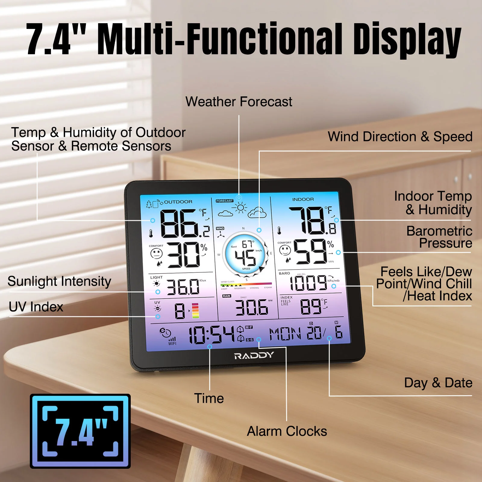 Raddy VP7 Wi-Fi Weather Station | 15-in-1 Display | 7.4'' Digital Color Display | WI-FI Indoor Outdoor | Weather Forecast - Image 4