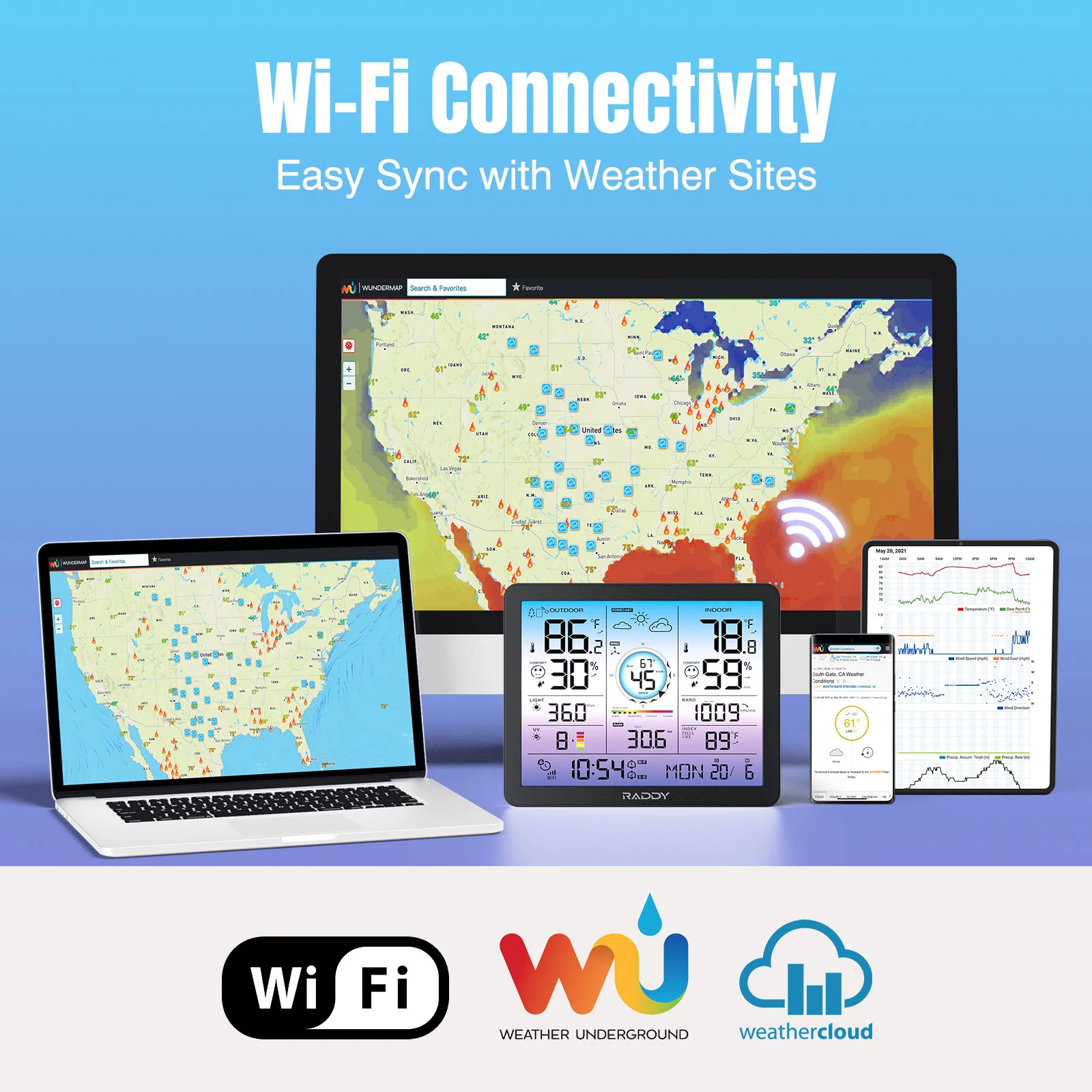 Raddy VP7 Wi-Fi Weather Station | 15-in-1 Display | 7.4'' Digital Color Display | WI-FI Indoor Outdoor | Weather Forecast - Image 5