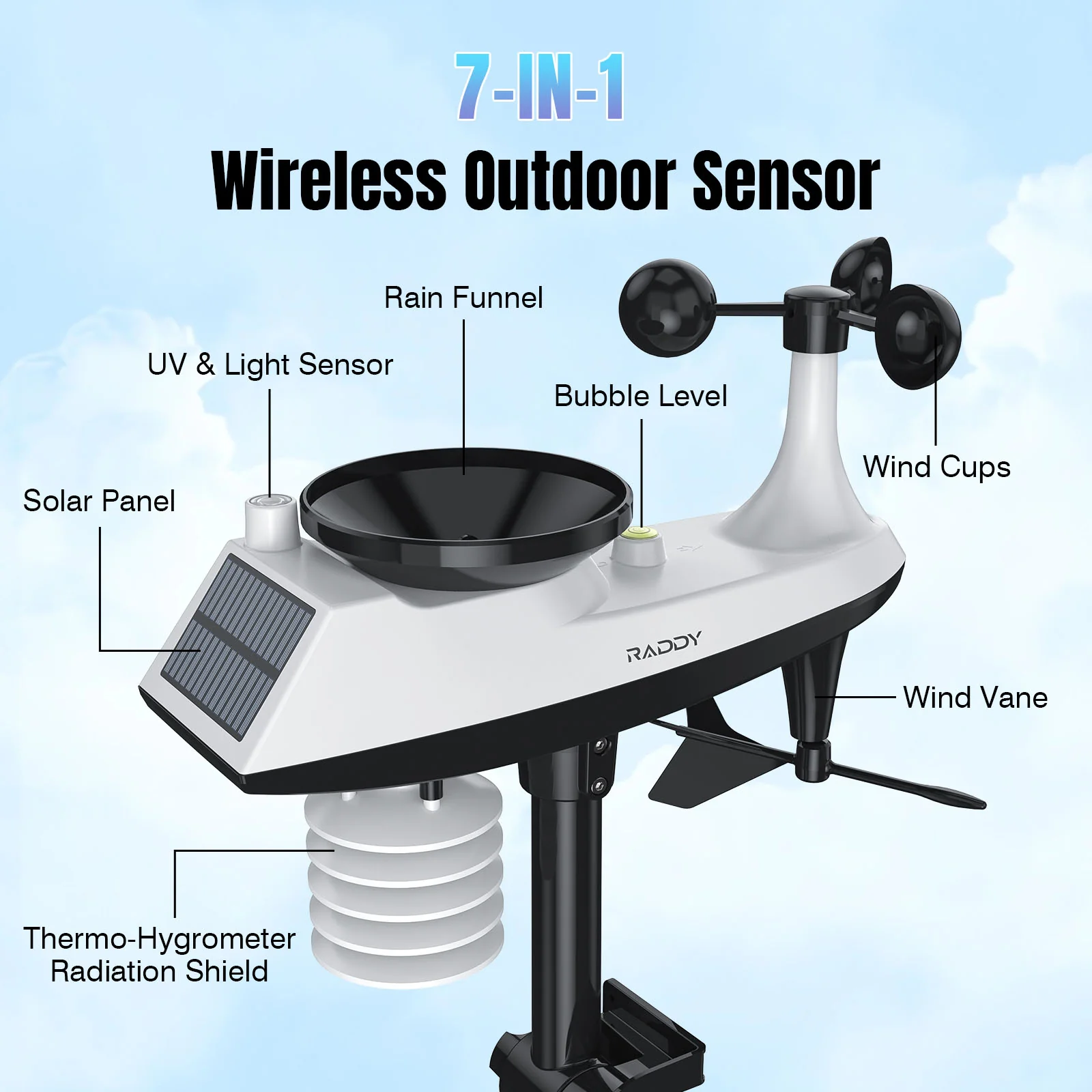 Raddy VP7 Wi-Fi Weather Station | 15-in-1 Display | 7.4'' Digital Color Display | WI-FI Indoor Outdoor | Weather Forecast - Image 7