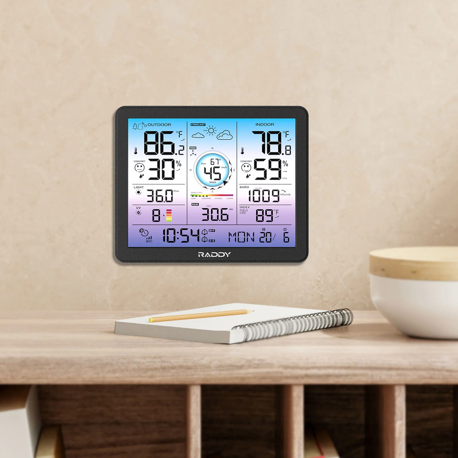 Raddy VP7 Wi-Fi Weather Station | 15-in-1 Display | 7.4'' Digital Color Display | WI-FI Indoor Outdoor | Weather Forecast - Image 9