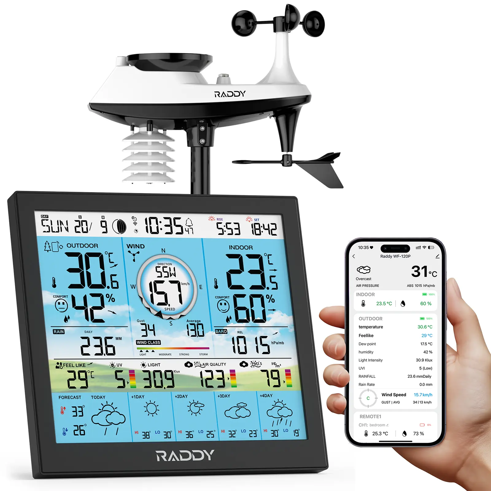 Raddy WF-120P Professional Wi-Fi Weather Station | App Control | 10″ HTN Color Display | Indoor/Outdoor Temp & Humidity | UV & Light Index | PM2.5 AQI | 5-Day Forecast | 7-in-1 Outdoor Sensor for Farm