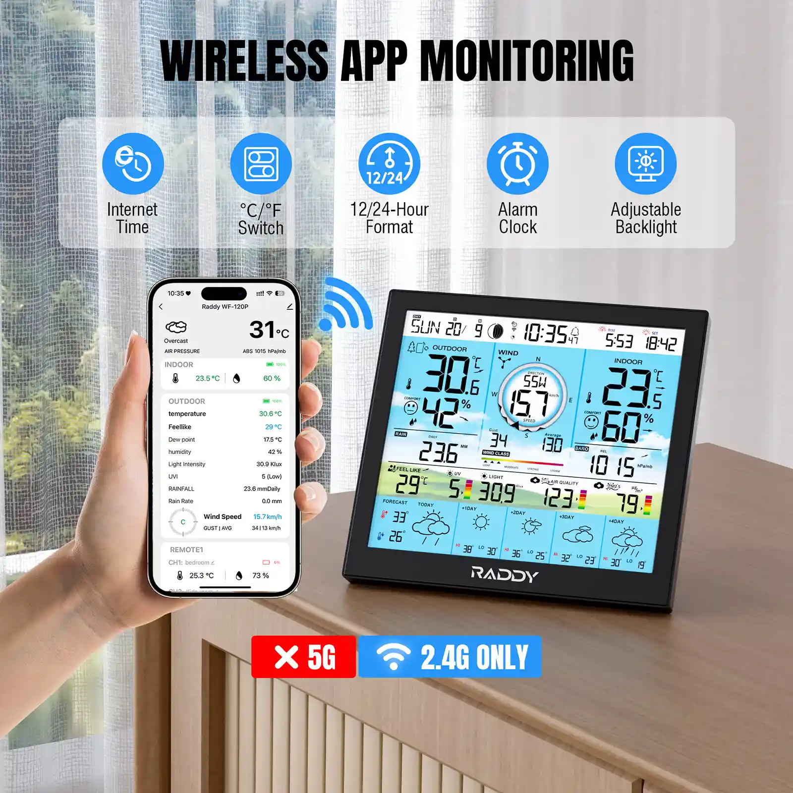 Raddy WF-120P Professional Wi-Fi Weather Station | App Control | 10″ HTN Color Display | Indoor/Outdoor Temp & Humidity | UV & Light Index | PM2.5 AQI | 5-Day Forecast | 7-in-1 Outdoor Sensor for Farm - Image 2