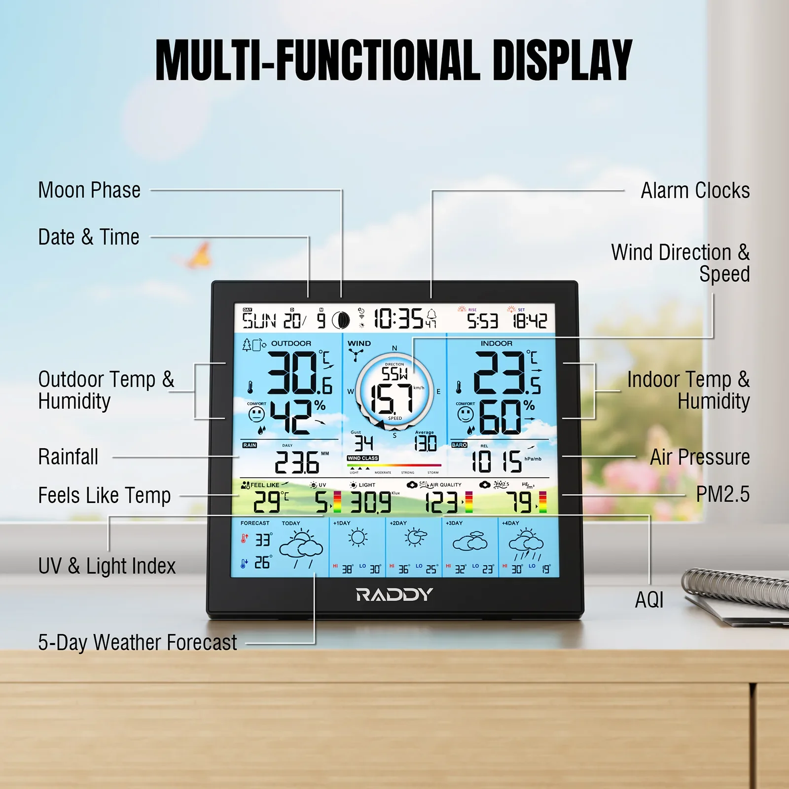 Raddy WF-120P Professional Wi-Fi Weather Station | App Control | 10″ HTN Color Display | Indoor/Outdoor Temp & Humidity | UV & Light Index | PM2.5 AQI | 5-Day Forecast | 7-in-1 Outdoor Sensor for Farm - Image 4