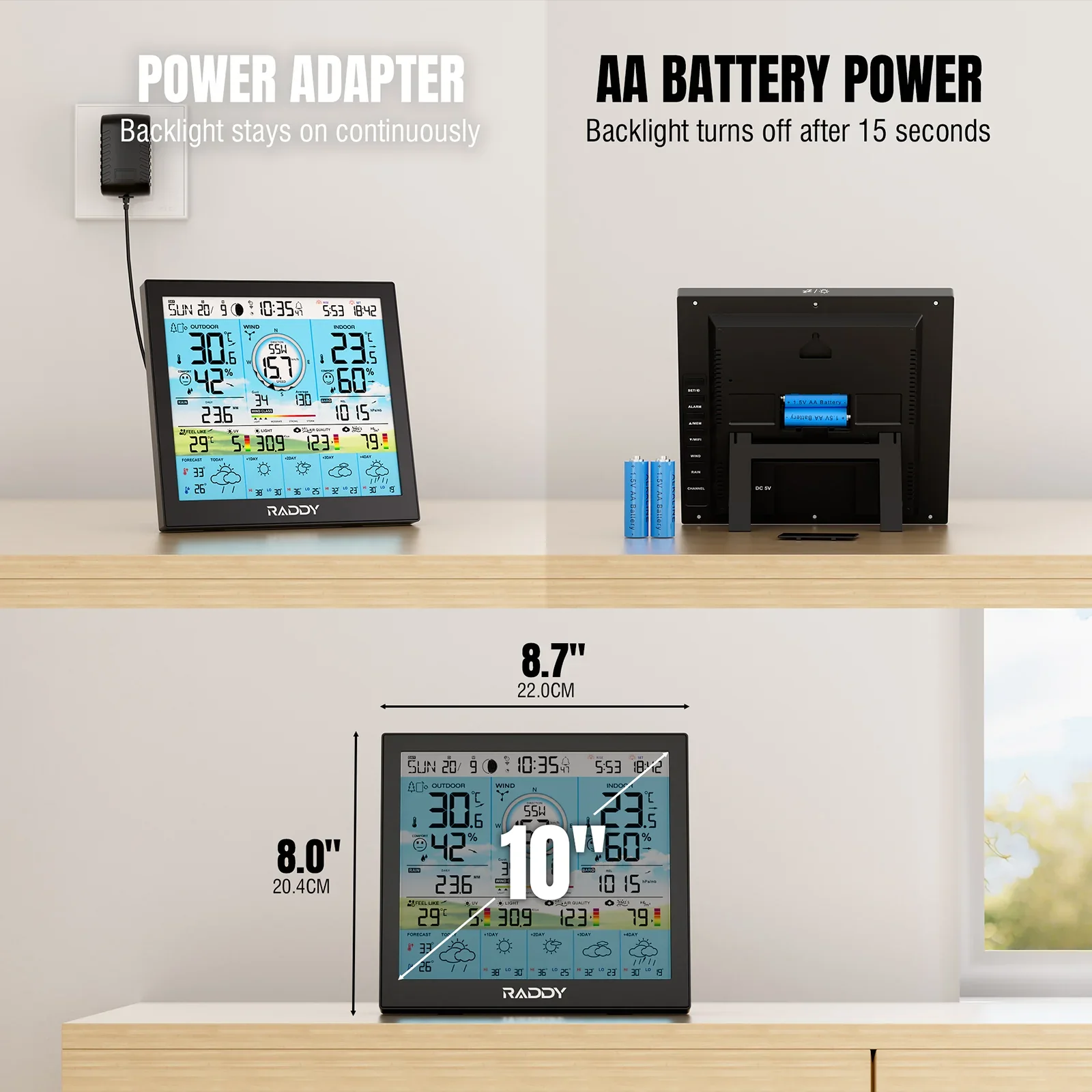 Raddy WF-120P Professional Wi-Fi Weather Station | App Control | 10″ HTN Color Display | Indoor/Outdoor Temp & Humidity | UV & Light Index | PM2.5 AQI | 5-Day Forecast | 7-in-1 Outdoor Sensor for Farm - Image 8