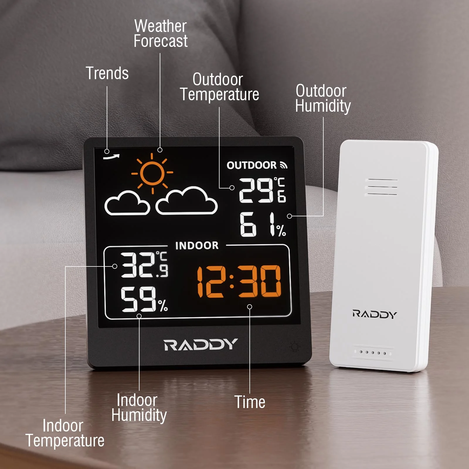 Raddy WF-50 Weather Station | 5.0’’ VA/TN Display | Weather Forecast | Temperature & Humidity Monitor | USB-C/Battery Powered - Image 5