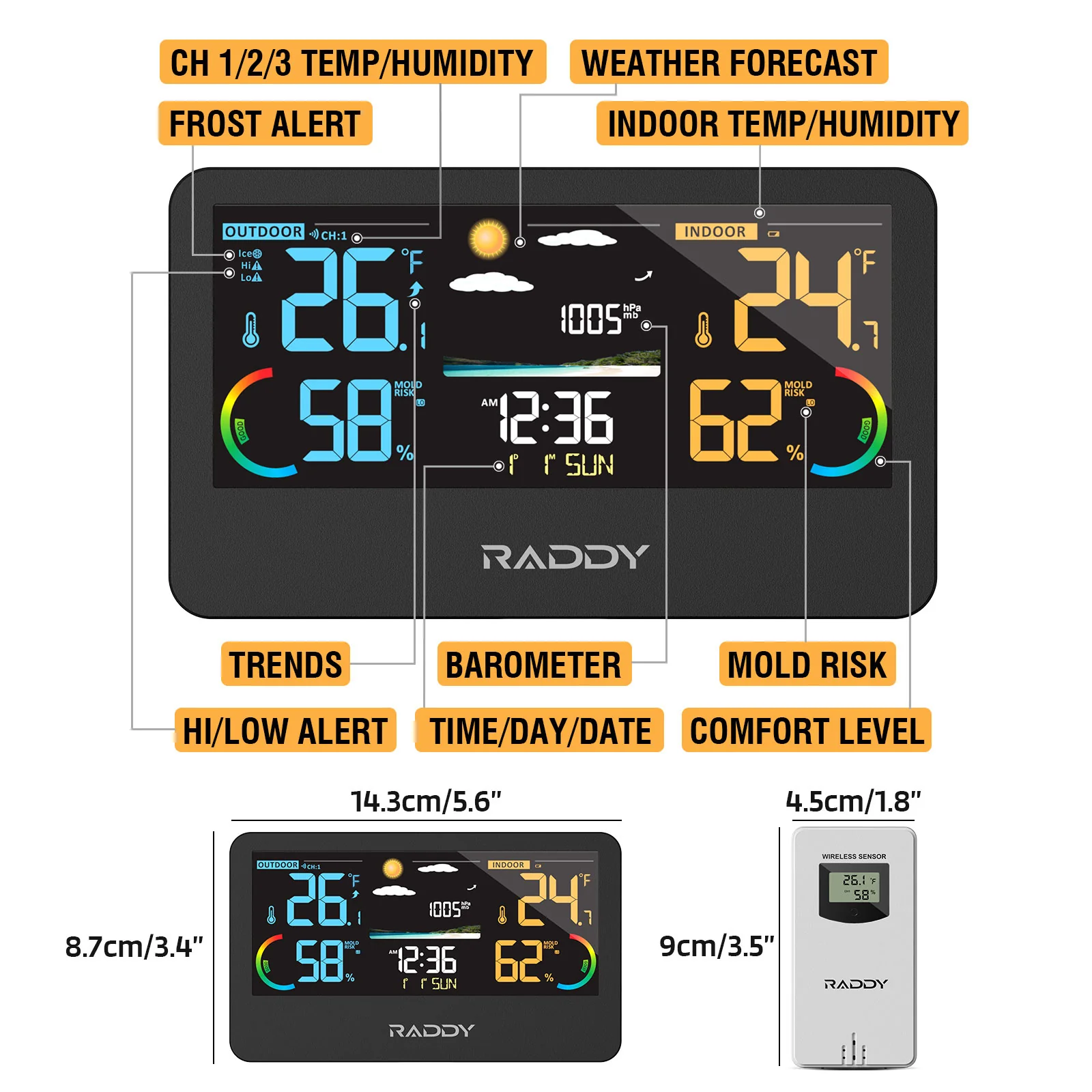 Raddy WF-55C Pro Weather Station | Wireless Thermometer Hygrometer | Barometer | Weather Forecast | Mold Risk Alert - Image 3