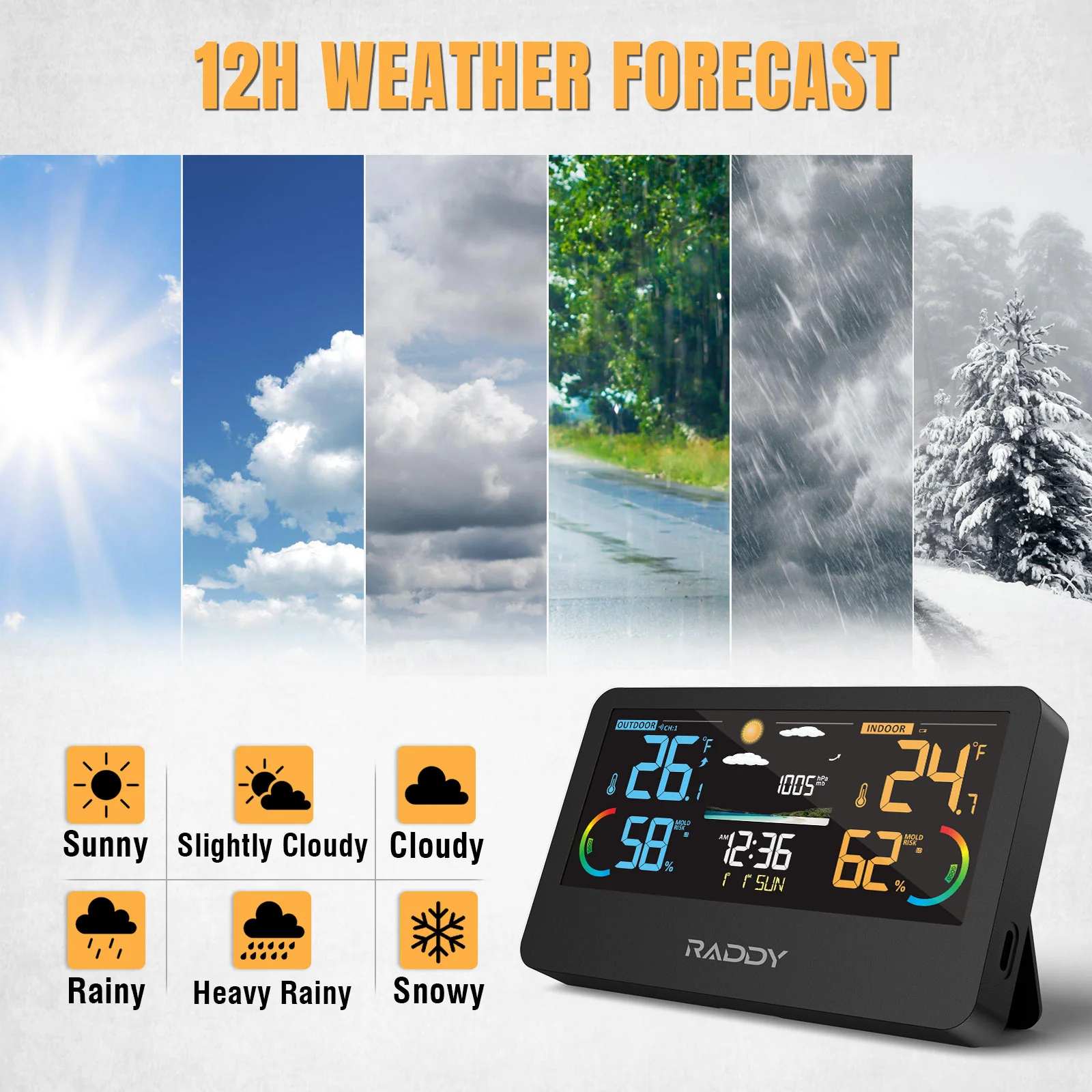 Raddy WF-55C Pro Weather Station | Wireless Thermometer Hygrometer | Barometer | Weather Forecast | Mold Risk Alert - Image 4