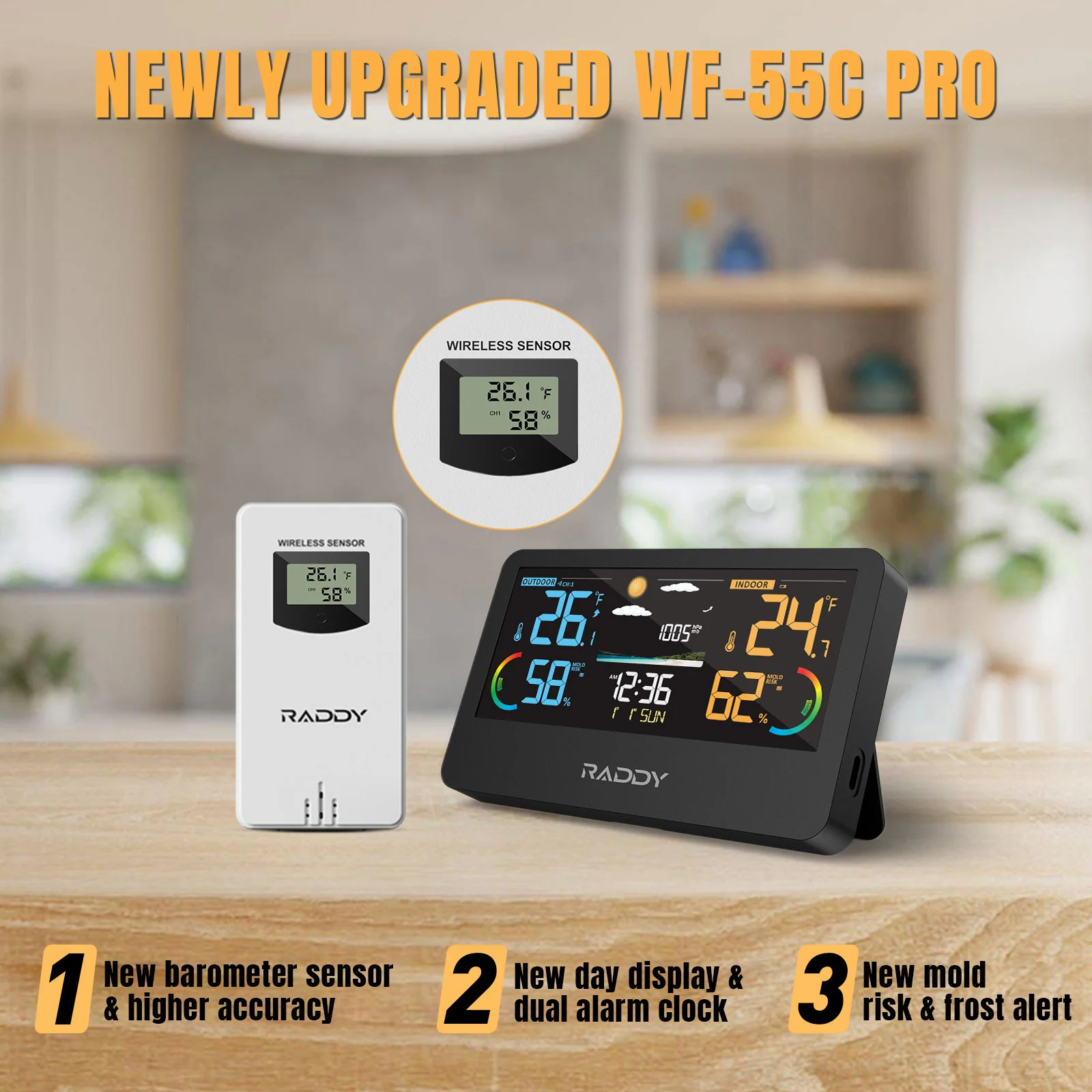 Raddy WF-55C Pro Weather Station | Wireless Thermometer Hygrometer | Barometer | Weather Forecast | Mold Risk Alert - Image 7