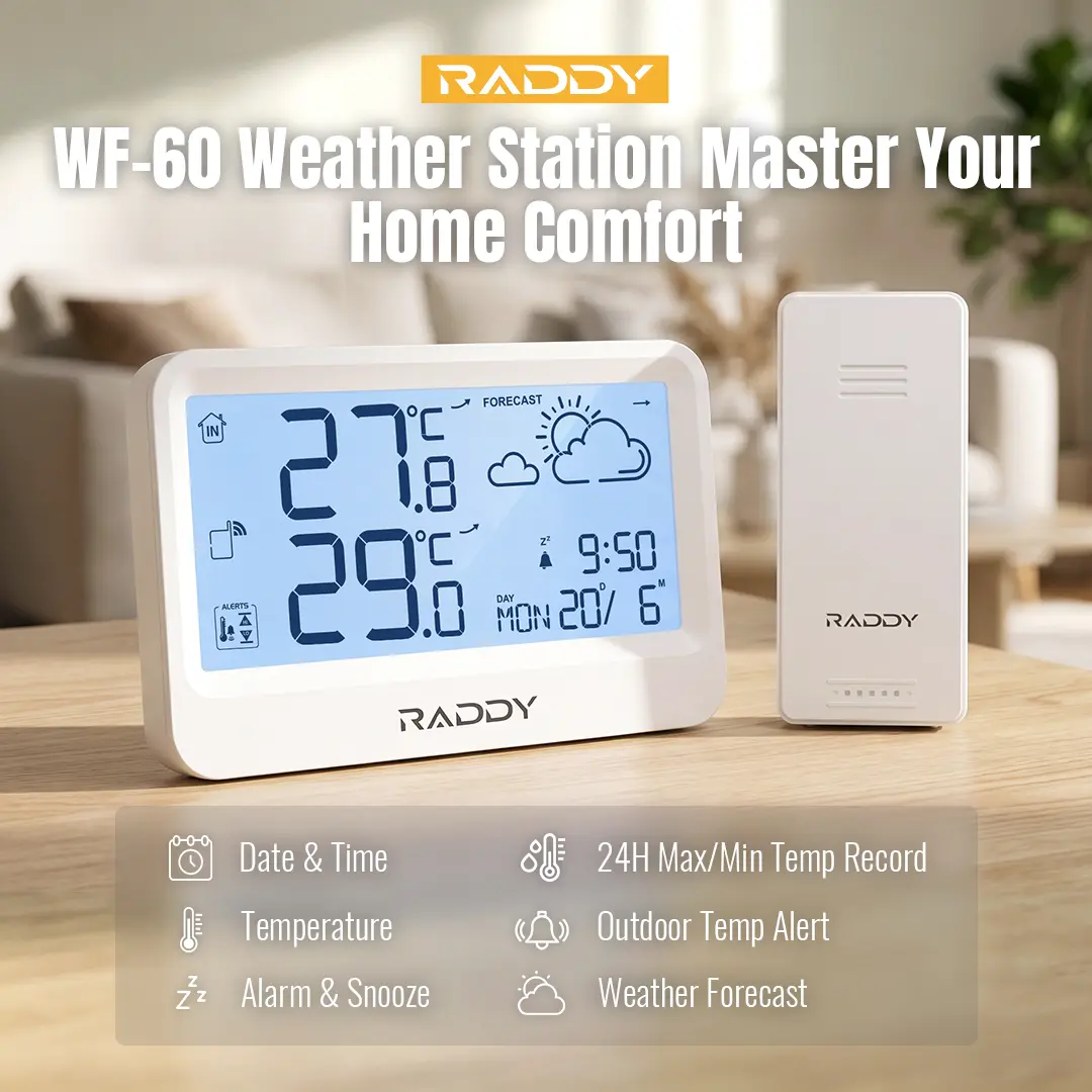 Raddy WF-60 Digital Home Weather Station |   Indoor Outdoor Thermometer | Weather Forecast | Professional Temp | Frost Alarm | Alarm Clock | Battery Operated - Image 10