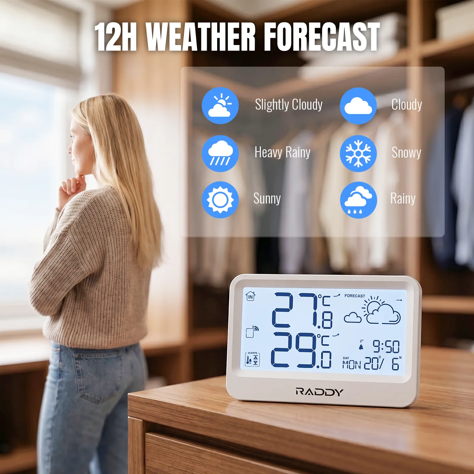 Raddy WF-60 Digital Home Weather Station |   Indoor Outdoor Thermometer | Weather Forecast | Professional Temp | Frost Alarm | Alarm Clock | Battery Operated - Image 4