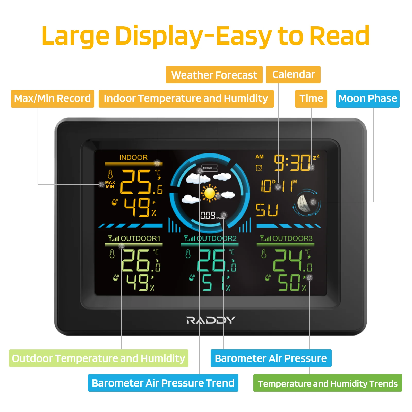 Raddy WF-60C Wetterstation für den Innen- und Außenbereich mit Thermometer | Luftfeuchtigkeitsmesser | Barometer | 3 Remote-Sensoren [DISCONTINUED] - Image 2