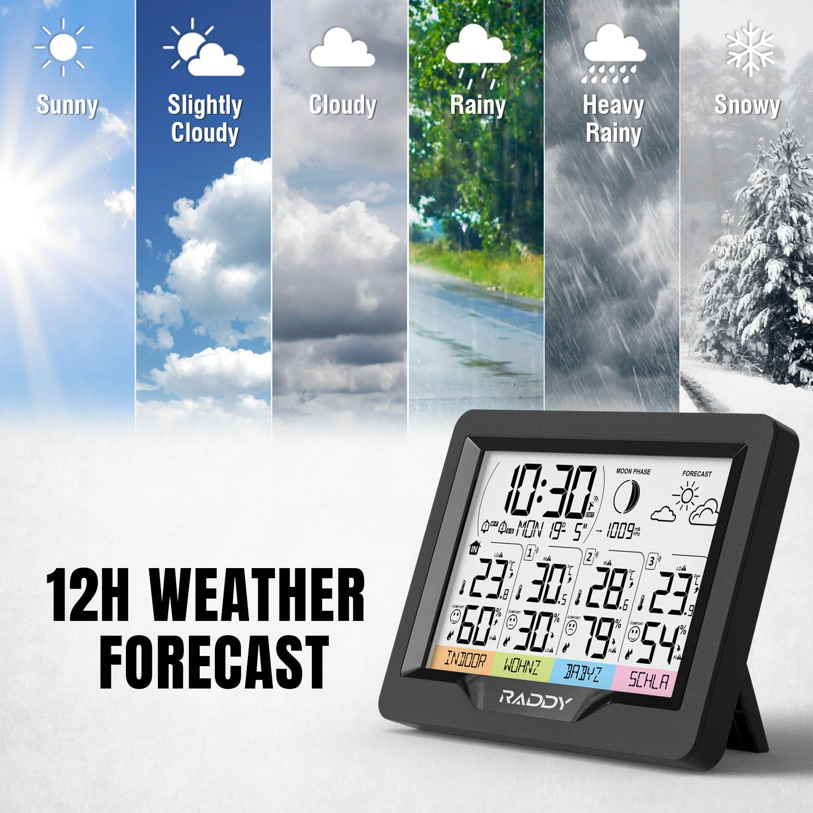 Raddy WF-60M Weather Station | Customized Sensor Names | Weather Forecast | 3 Remote Sensors | DCF Atomic Clock | High/Low Alerts - Image 4