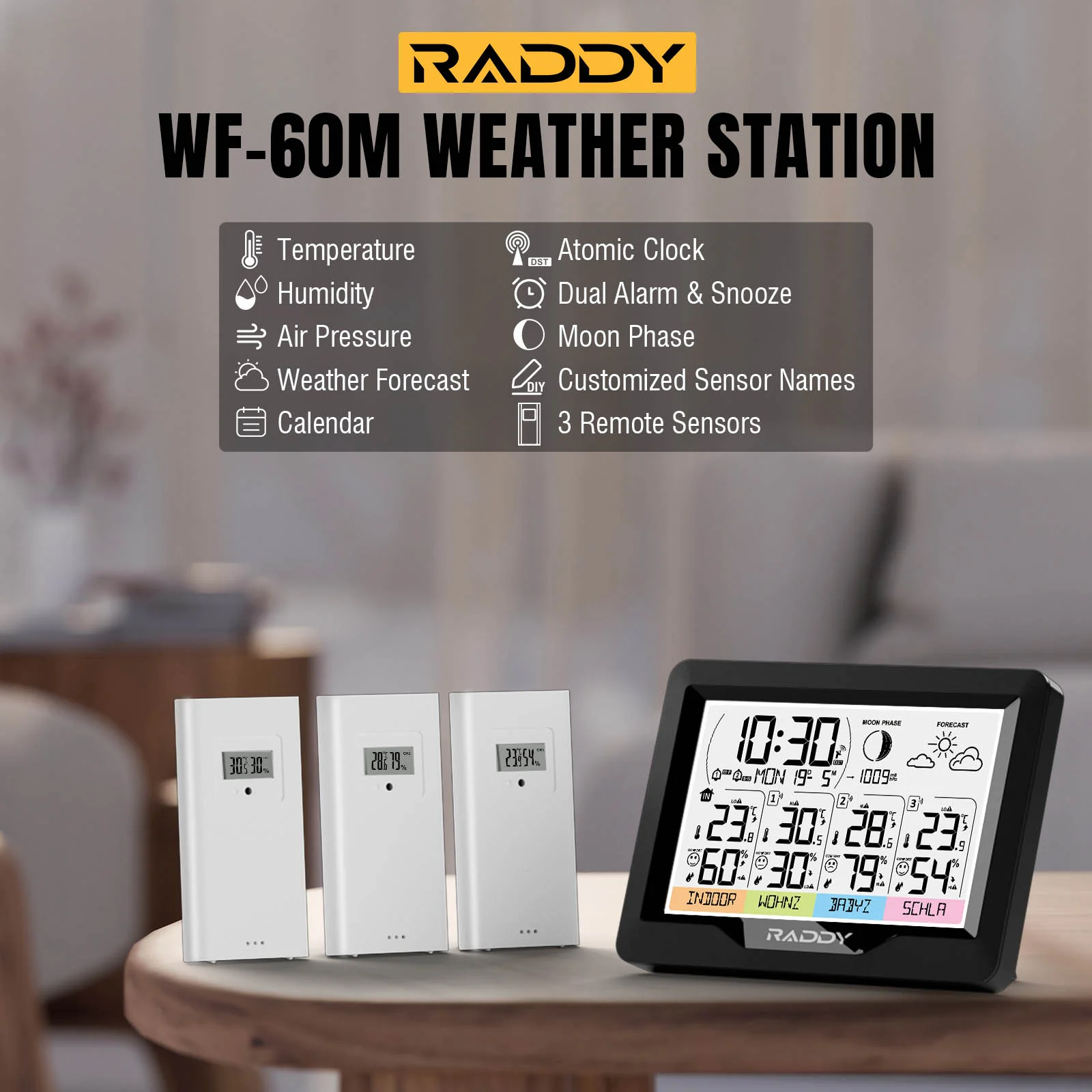 Raddy WF-60M Weather Station | Customized Sensor Names | Weather Forecast | 3 Remote Sensors | DCF Atomic Clock | High/Low Alerts - Image 7